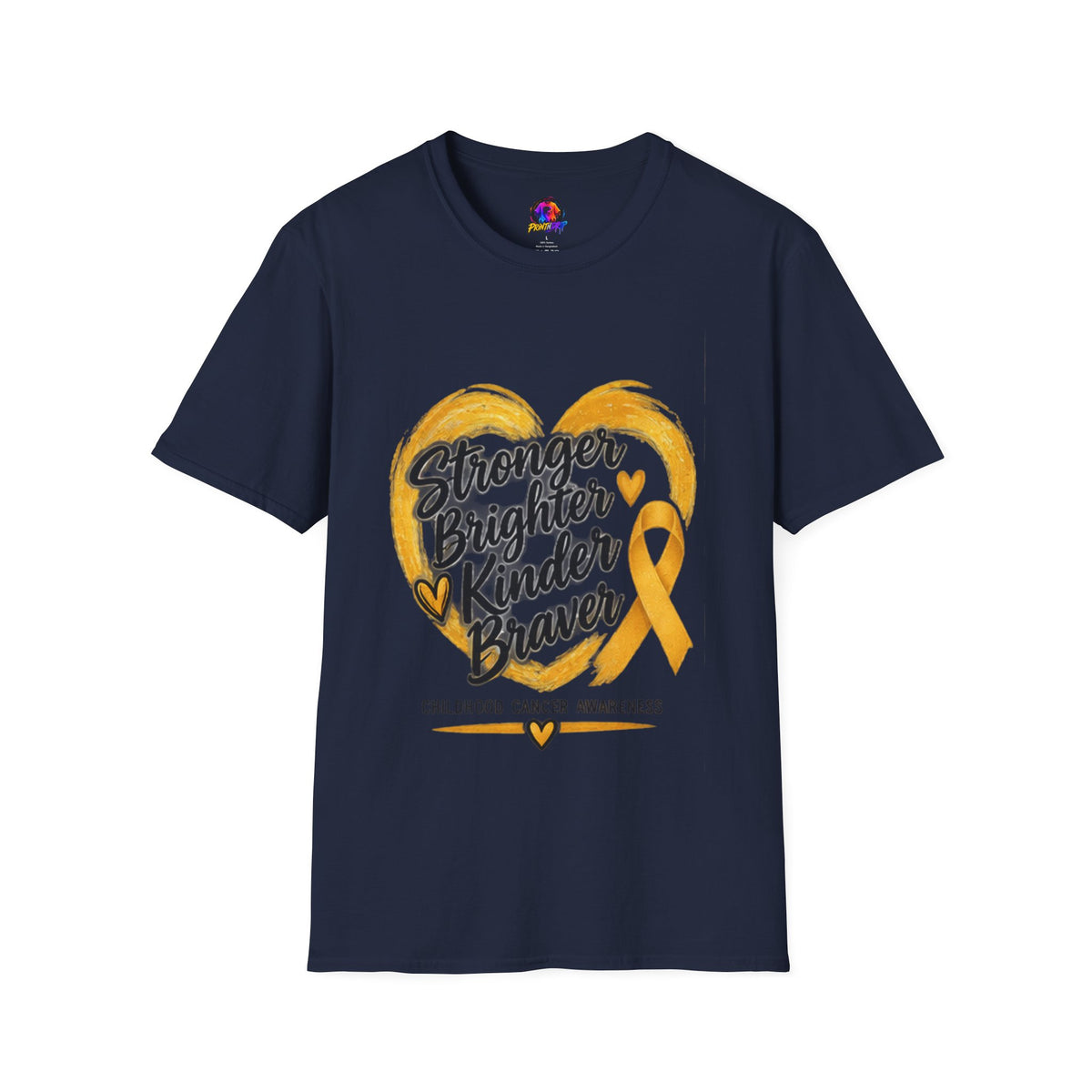Childhood Cancer Awareness T-Shirt — "Stronger Brighter Kinder Braver" Gold Ribbon