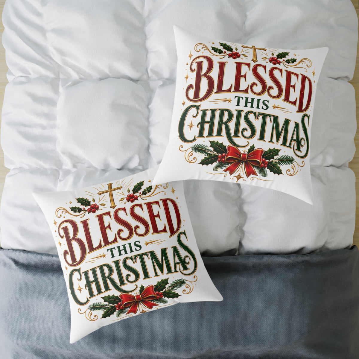 Blessed This Christmas Square Poly Canvas Pillow