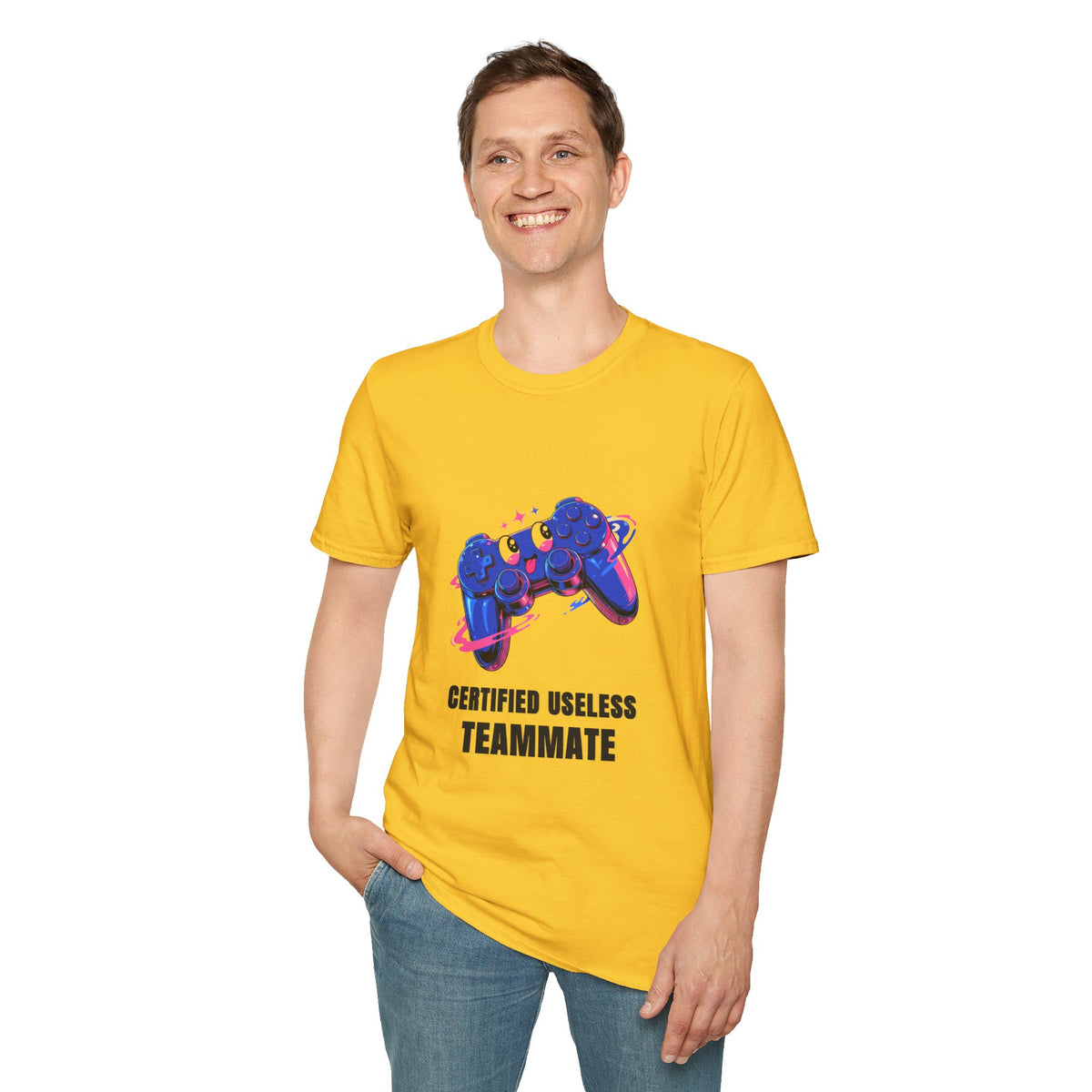 Certified Useless Teammate Gamer T-Shirt — Retro Neon Gamepad Tee - Trending Now - August 2026