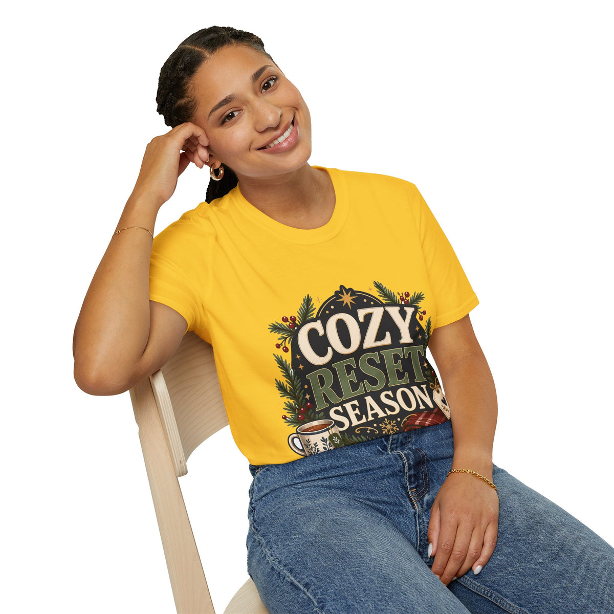 Cozy Reset Season T‑Shirt — Holiday Cozy Cabin Graphic Tee