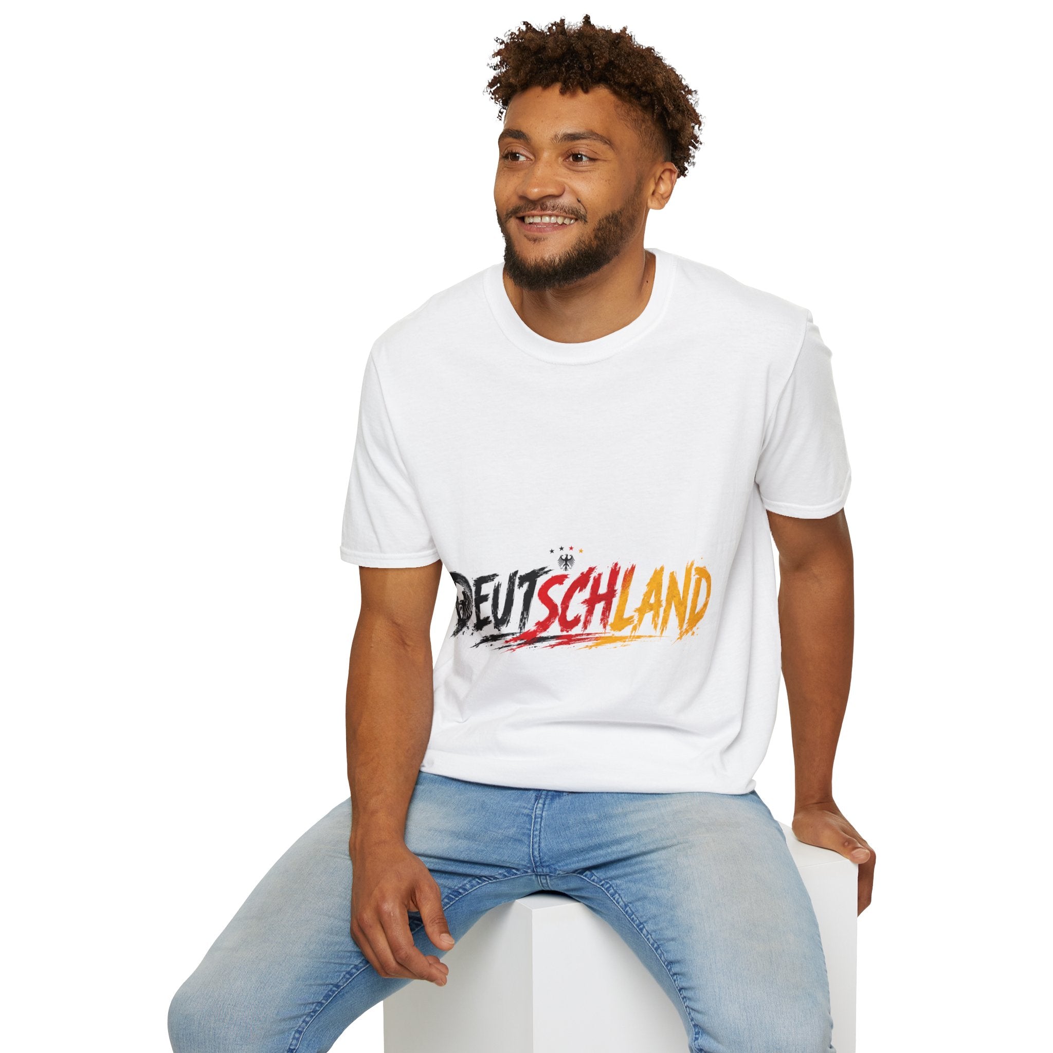 Germany Deutschland Football T-Shirt — Deutschland Script with German Flag Brushstroke
