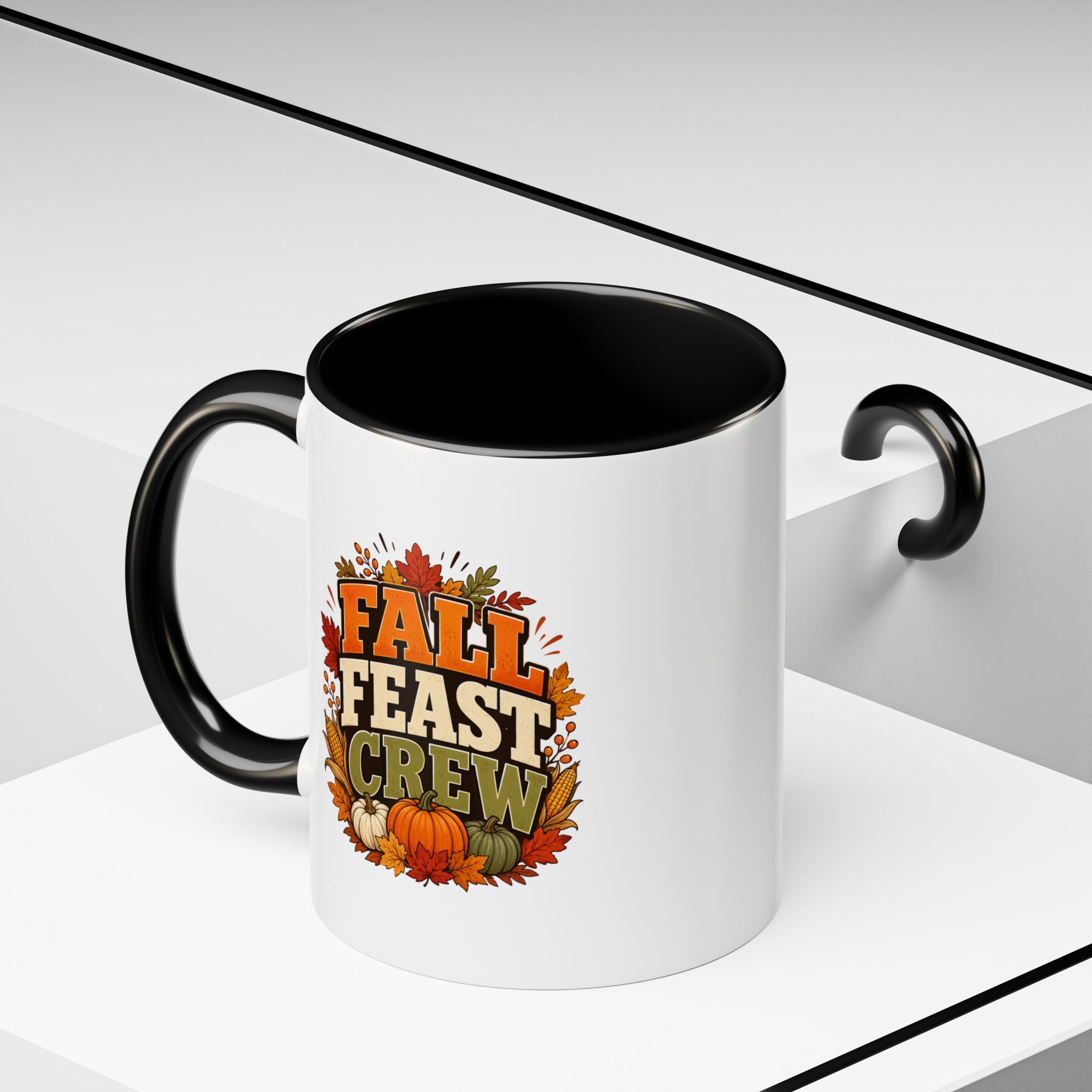 Thanksgiving Mug Fall Feast Crew Coffee Mug — Autumn Pumpkin & Leaves Accent Mug
