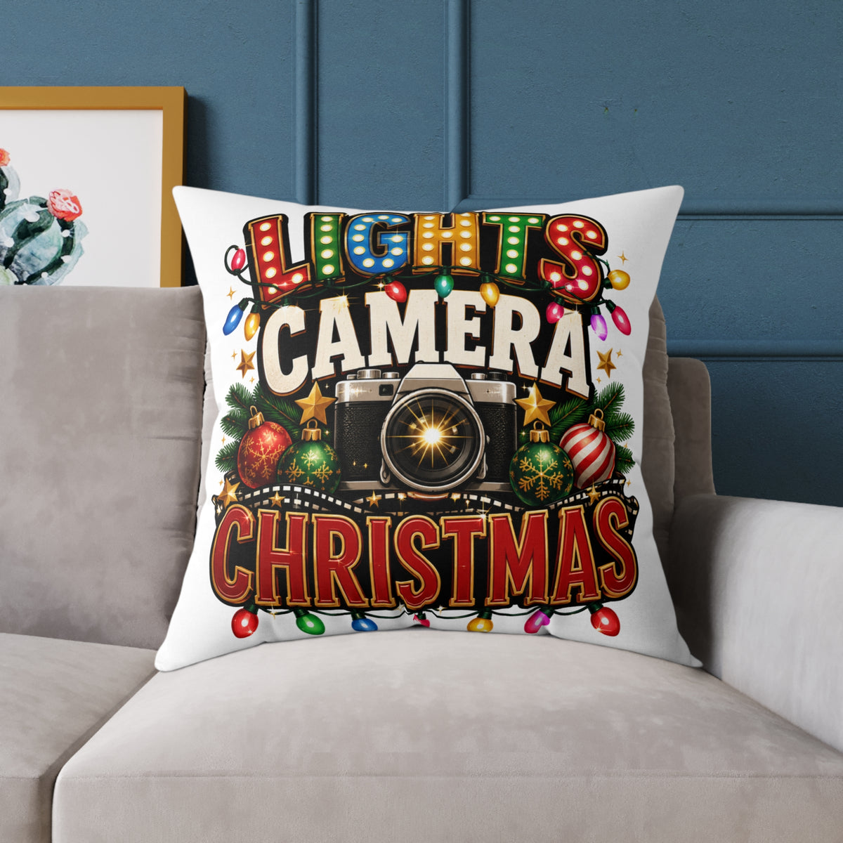 Christmas Photo Pillow - "Lights Camera Christmas" Decorative Square Throw Pillow