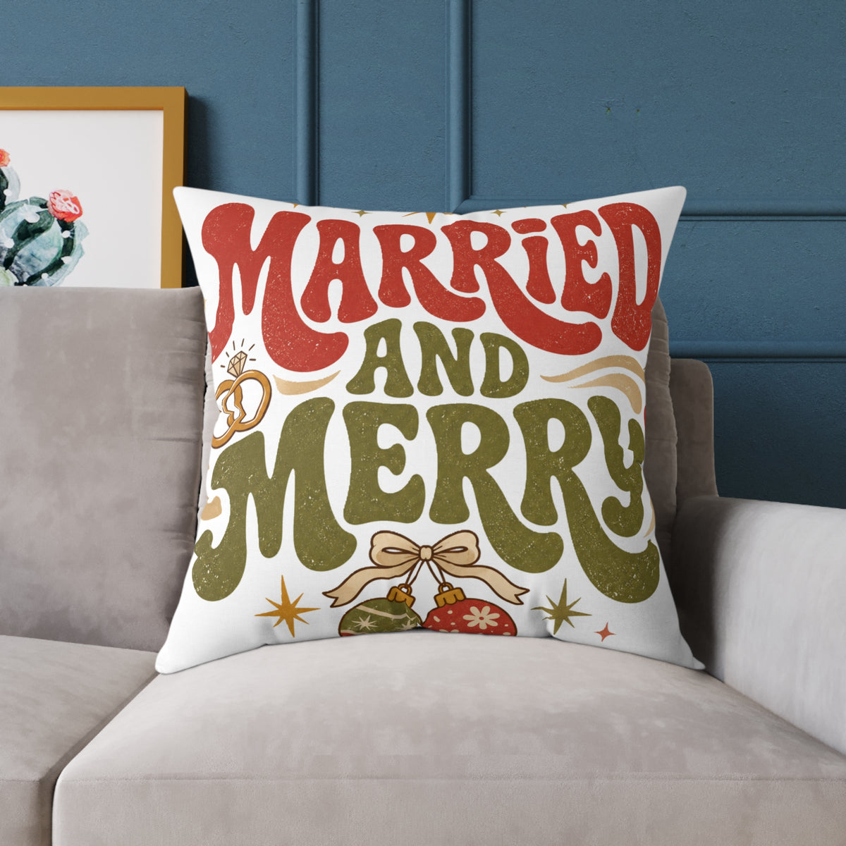 Christmas Married and Merry Holiday Pillow — Festive Wedding & Christmas Decorative Pillow