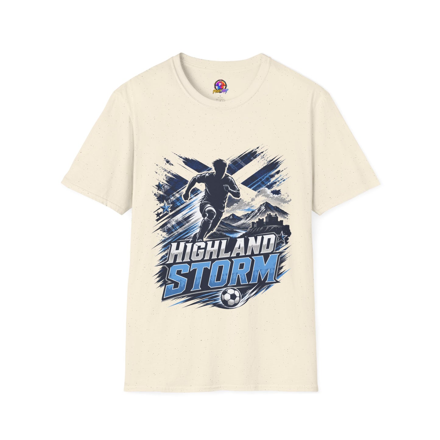 Scotland Highland Storm Soccer T-Shirt — Mountain Soccer Player Graphic Tee