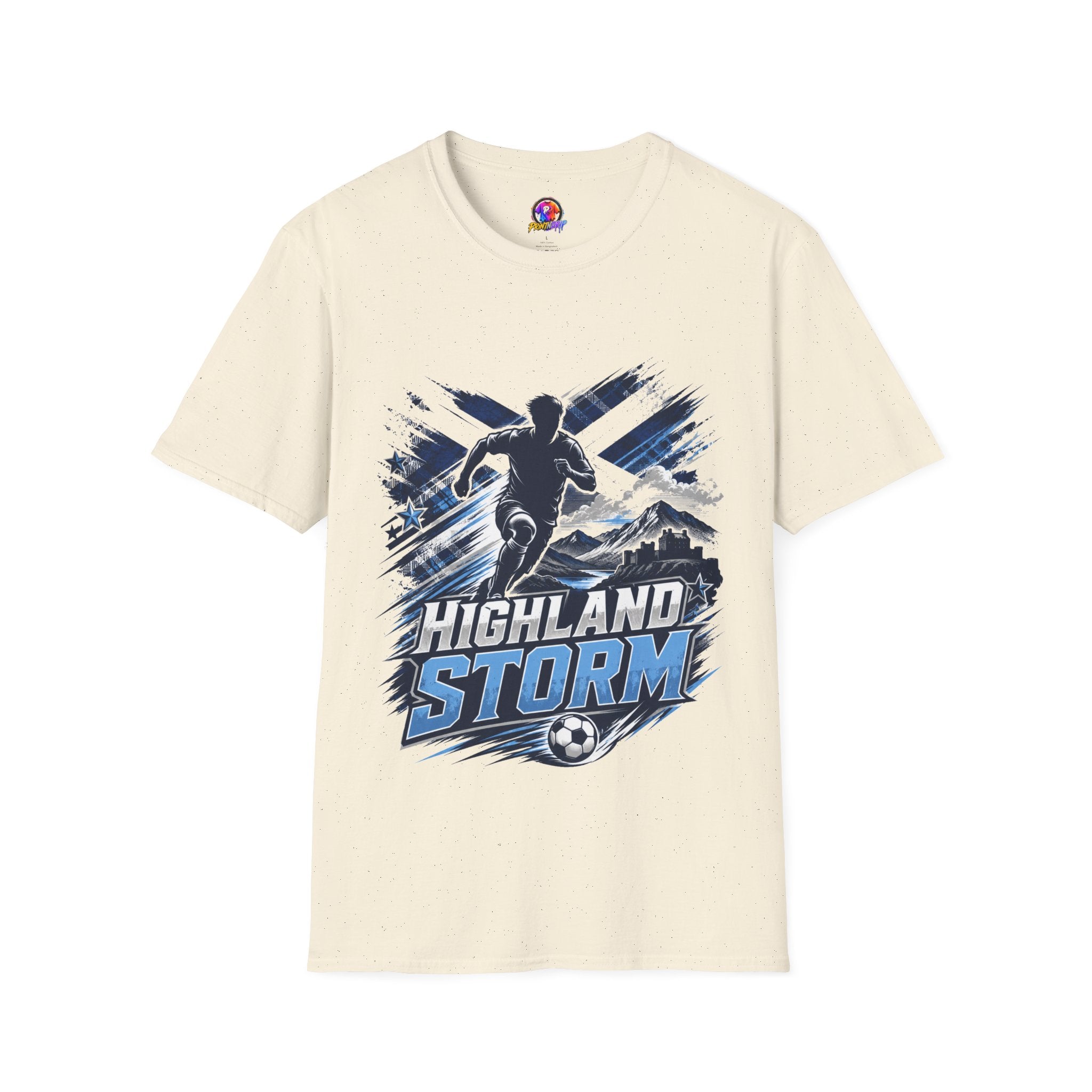 Scotland Highland Storm Soccer T-Shirt — Mountain Soccer Player Graphic Tee