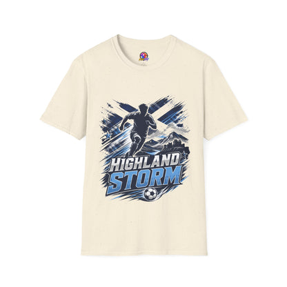 Scotland Highland Storm Soccer T-Shirt — Mountain Soccer Player Graphic Tee