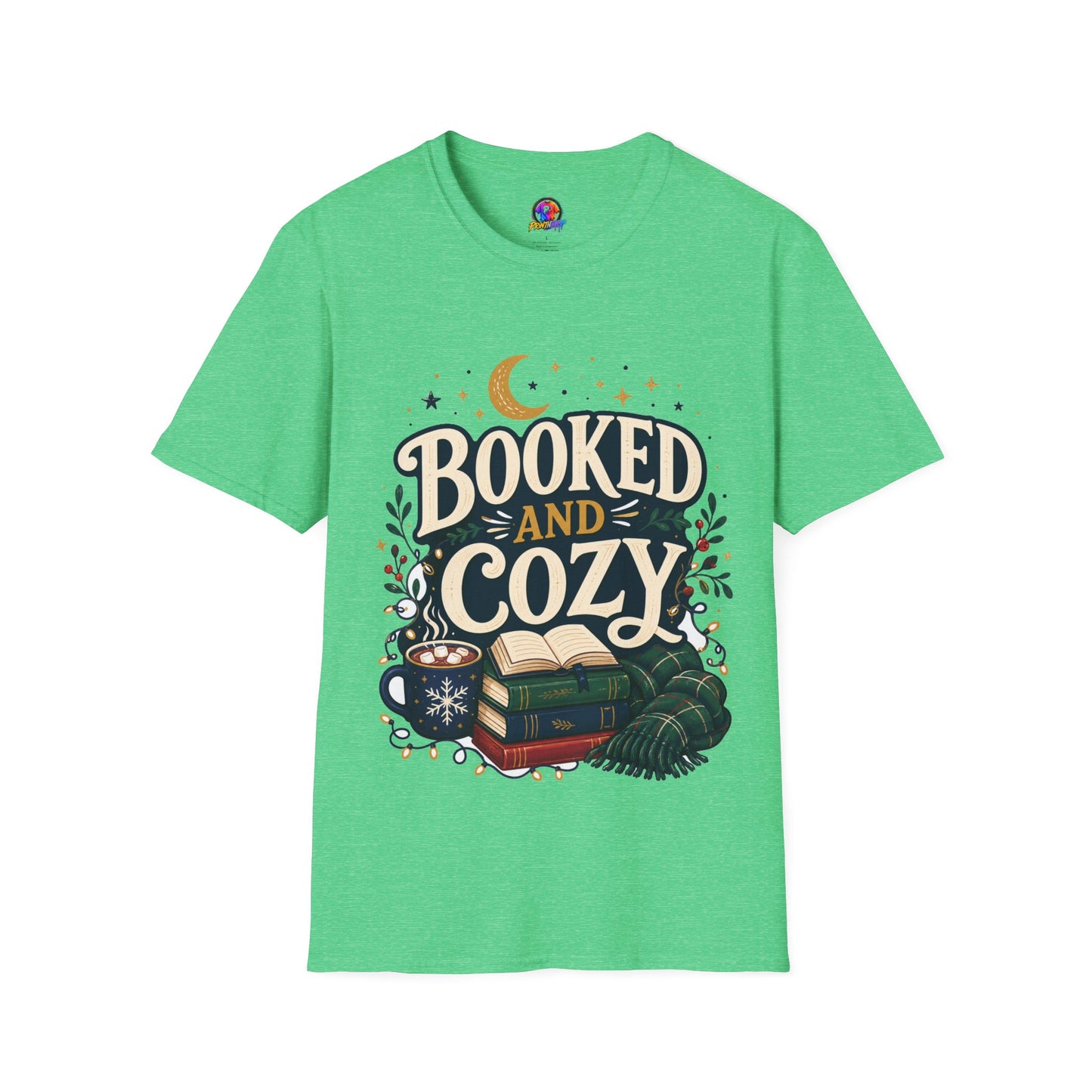 Booked and Cozy T-Shirt — Cozy Reading Graphic Tee (Books, Moon & Stars)
