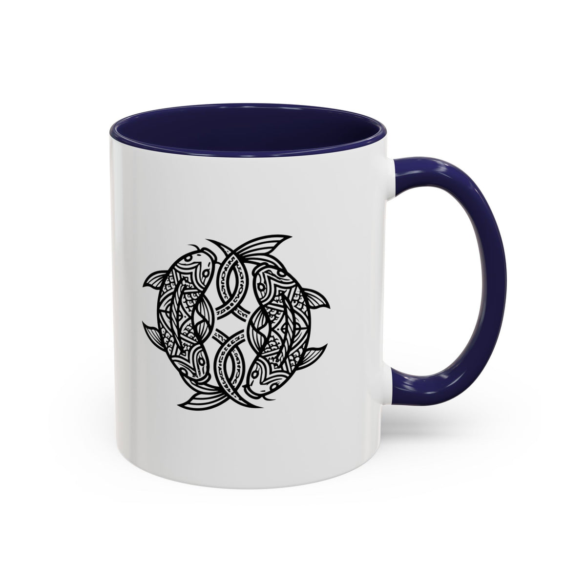 Pisces Zodiac Turtle Mandala Accent Coffee Mug – Black Interior & Handle, Intricate Tribal Sea Turtle Design