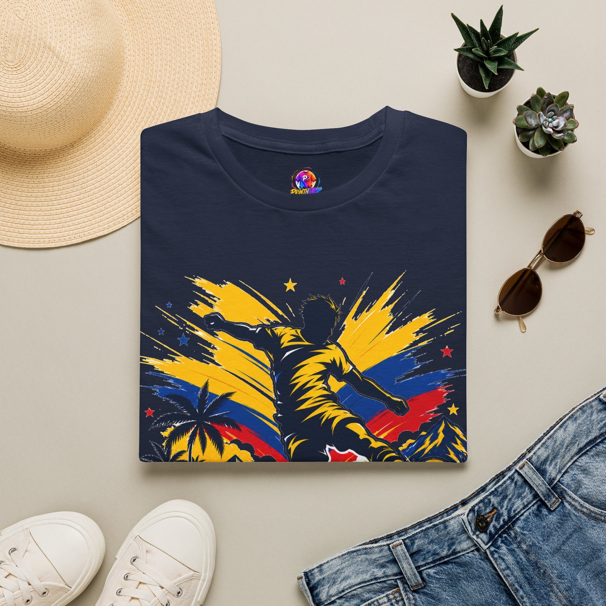 Columbia Soccer Player Graphic T-Shirt — "Golden Rhythm" Vibrant Beach Soccer Tee