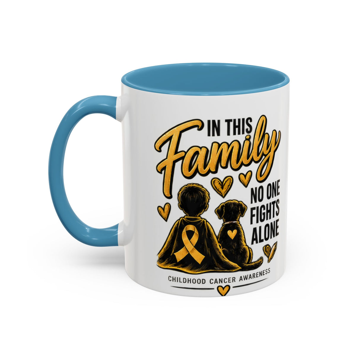 Childhood Cancer Awareness Accent Coffee Mug – "In This Family No One Fights Alone" (11/15oz)