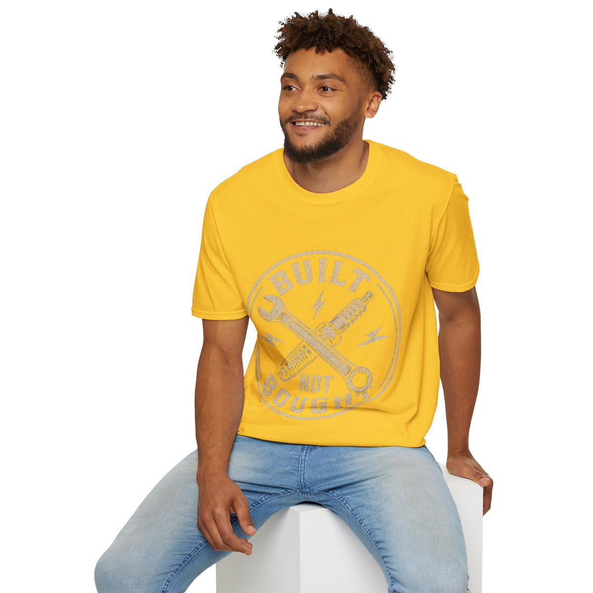 Built Not Bought T-Shirt — Vintage Mechanic Wrench & Spark Plug Design