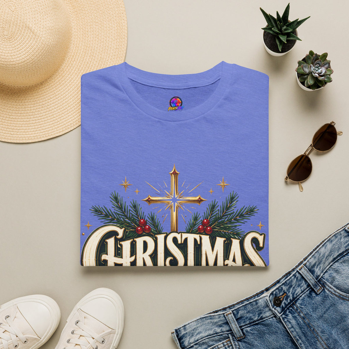 Christmas Blessed T-Shirt — Faith-Based Holiday Tee with Cross & Pine Design