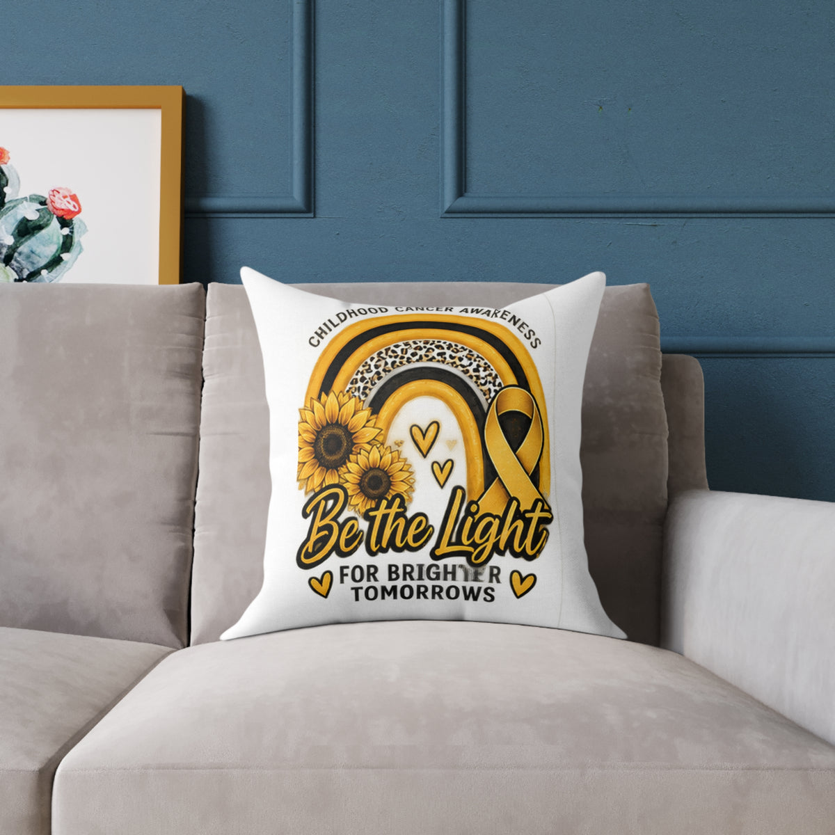 Childhood Cancer Awareness Pillow — “Be the Light for Brighter Tomorrows” Square Throw Pillow