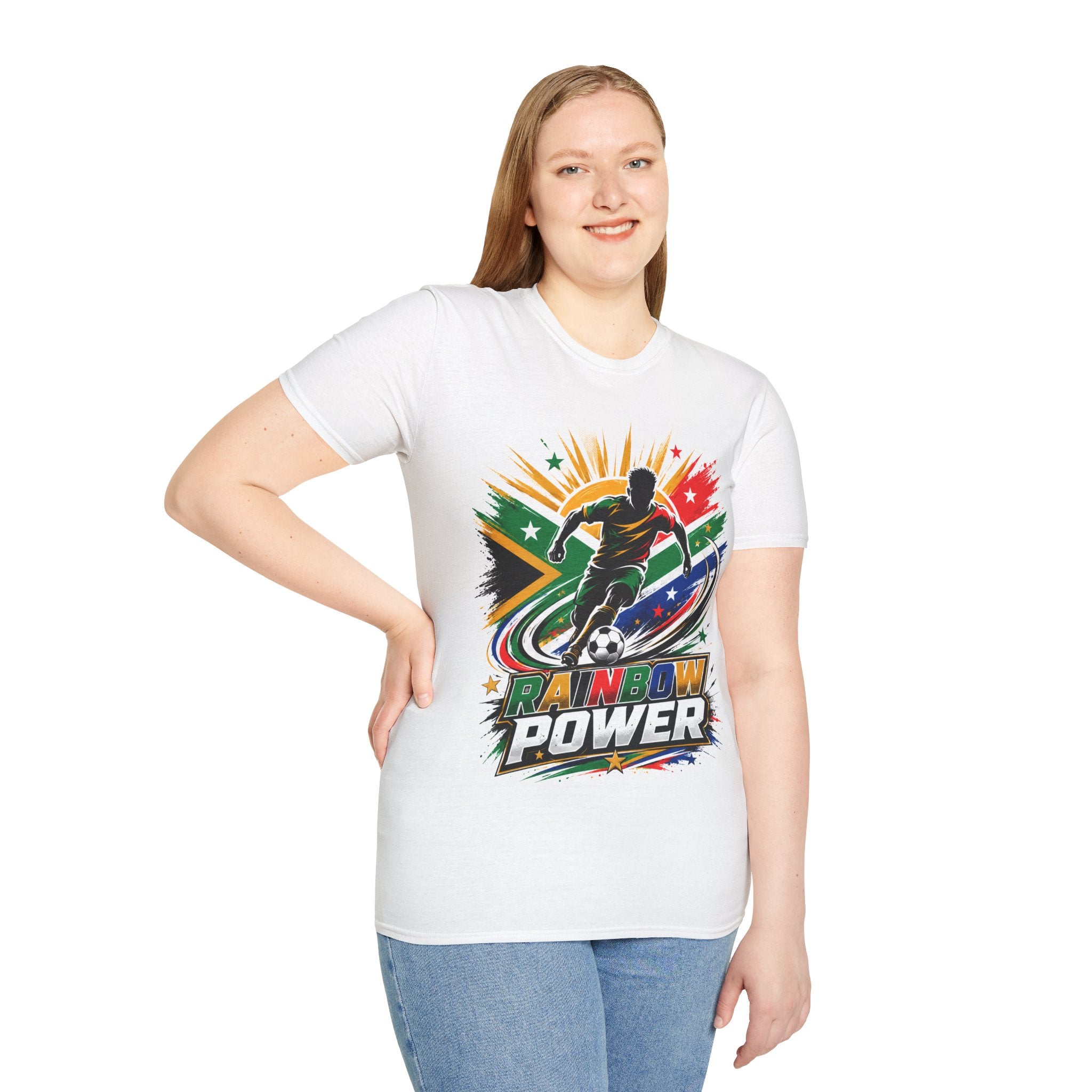 South Africa Soccer Rainbow Power T-Shirt — Colorful Football Player Graphic Tee