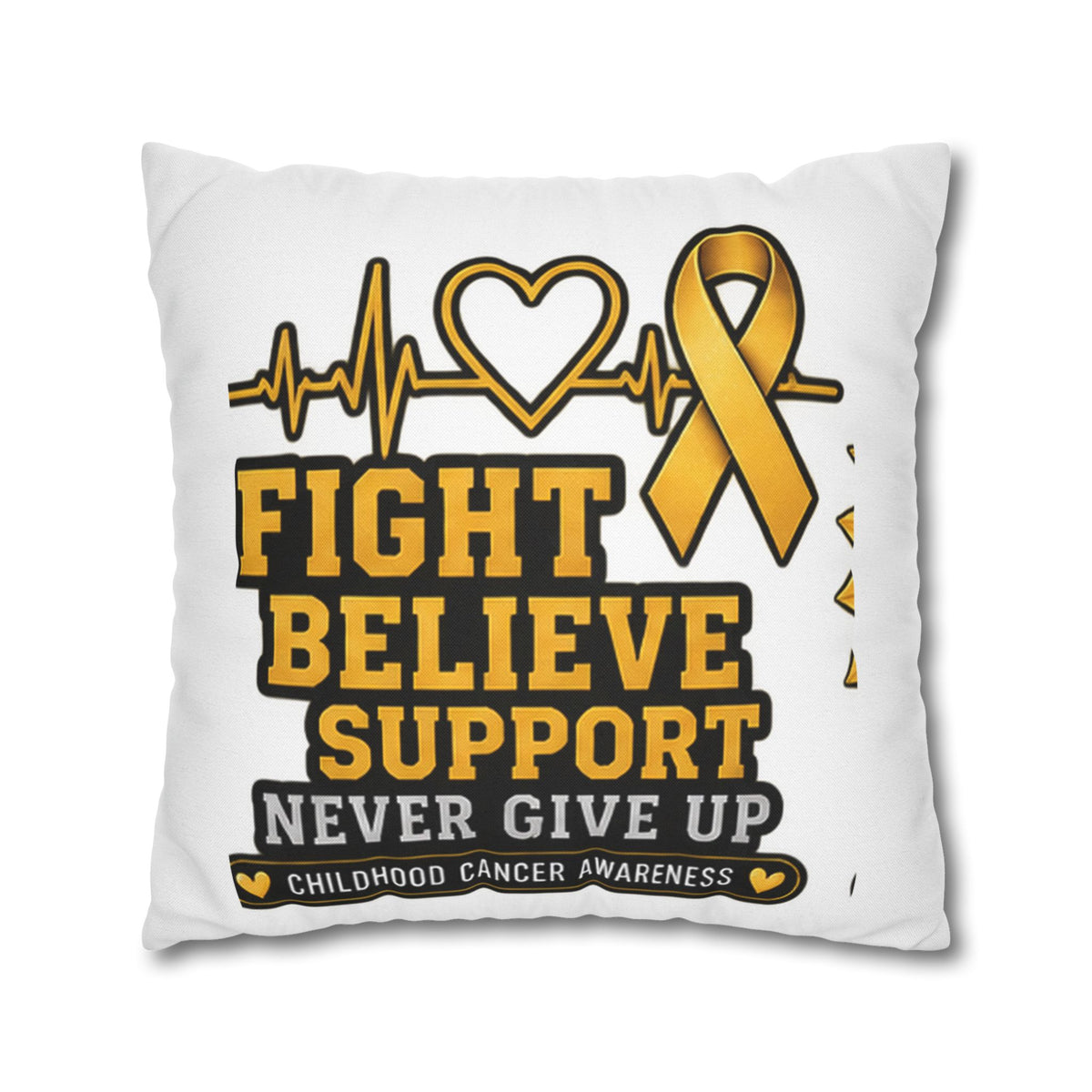 Childhood Cancer Awareness Pillow — "Fight Believe Support Never Give Up" Gold Ribbon Decorative Throw Pillow
