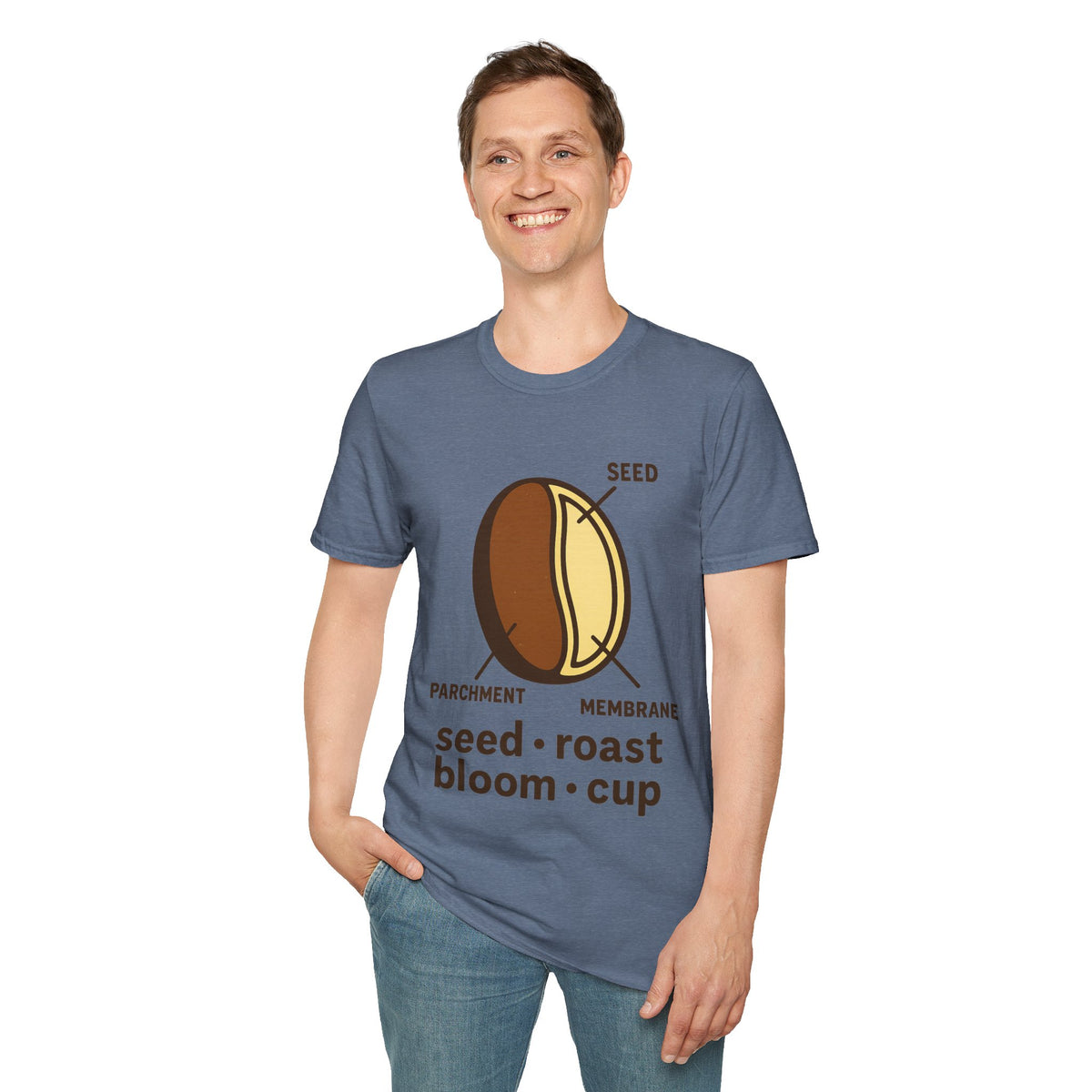 "Seed Roast Bloom Cup" Coffee Bean Graphic Tee - Minimalist Barista Aesthetic White T-Shirt - Trending Now - September 2026