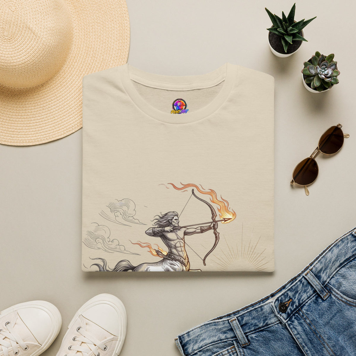 Sagittarius Centaur Archer T-Shirt — Mythical Archer Graphic Tee (Flaming Bow)