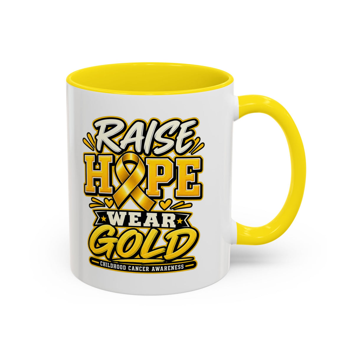 Raise Hope Wear Gold Cancer Awareness Coffee Mug (Accent, 11/15oz)