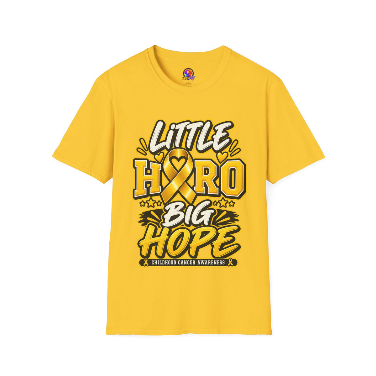 Kids Childhood Cancer Awareness T-Shirt — "Little Hero Big Hope" Gold Ribbon