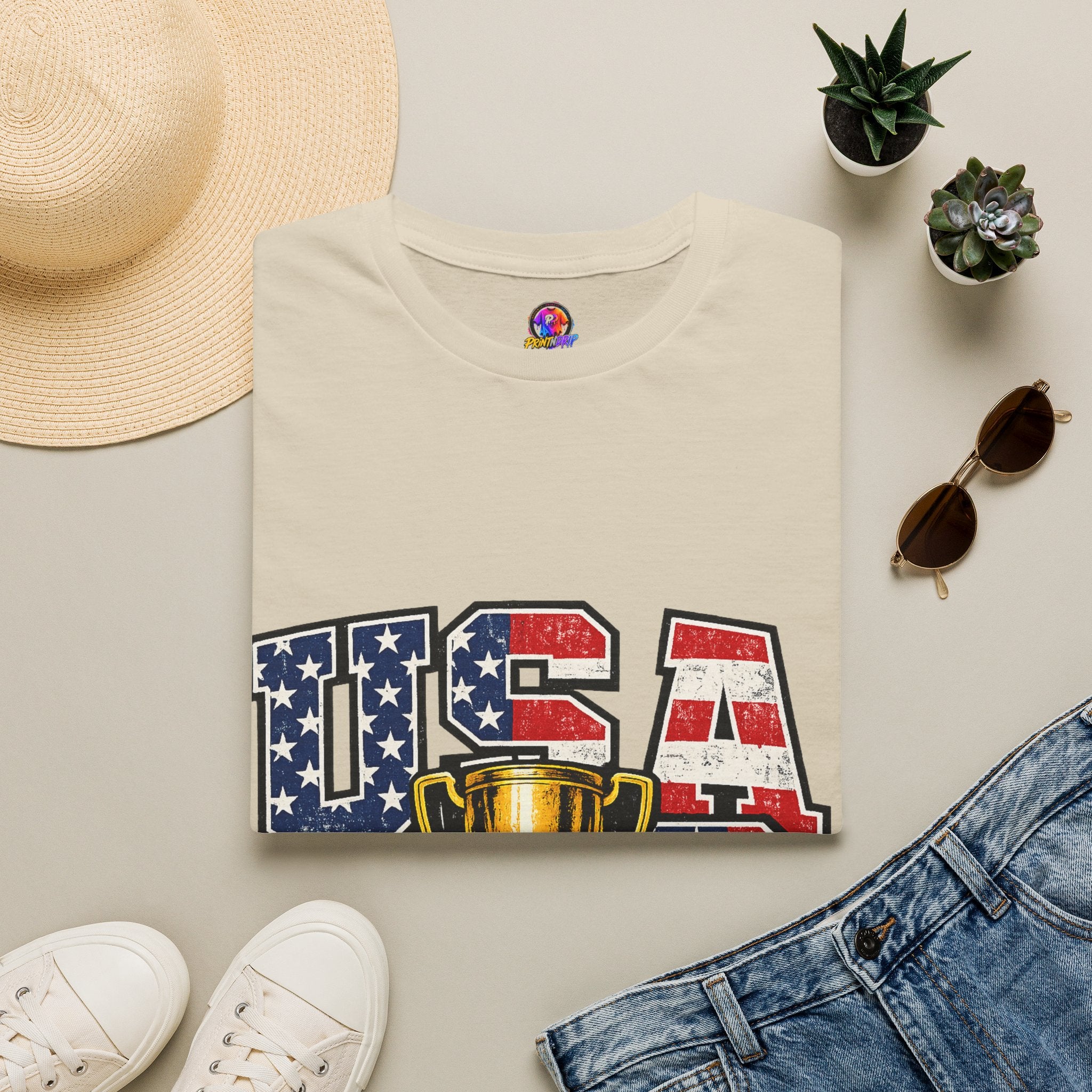 USA Trophy T-Shirt — Patriotic American Flag Graphic Tee