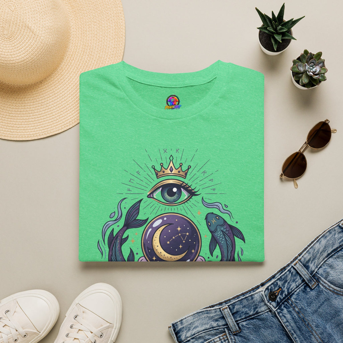Pisces Mystic Eye T-Shirt — Witchy Astrology Moon & Crown Design