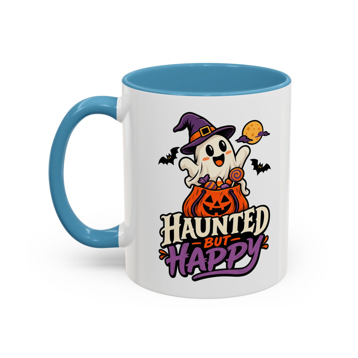 Haunted But Happy Coffee Mug — Halloween Ghost Pumpkin Accent Mug (11/15oz)