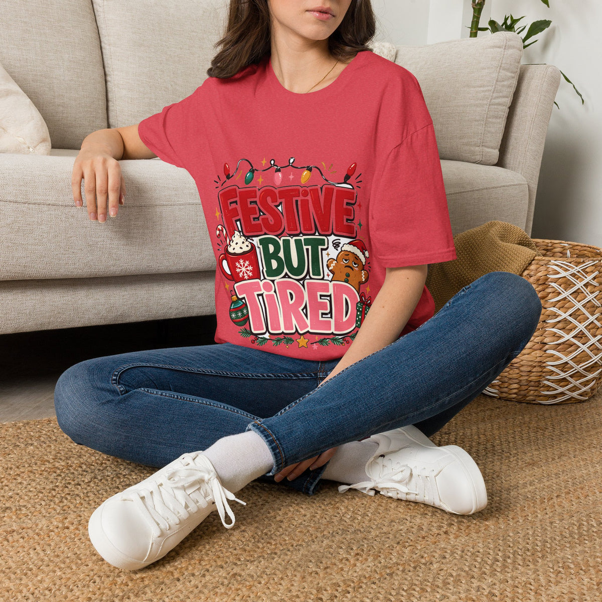 Festive But Tired T-Shirt — Holiday Christmas Crew Tee with Lights & Gingerbread