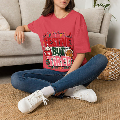 Festive But Tired T-Shirt — Holiday Christmas Crew Tee with Lights & Gingerbread