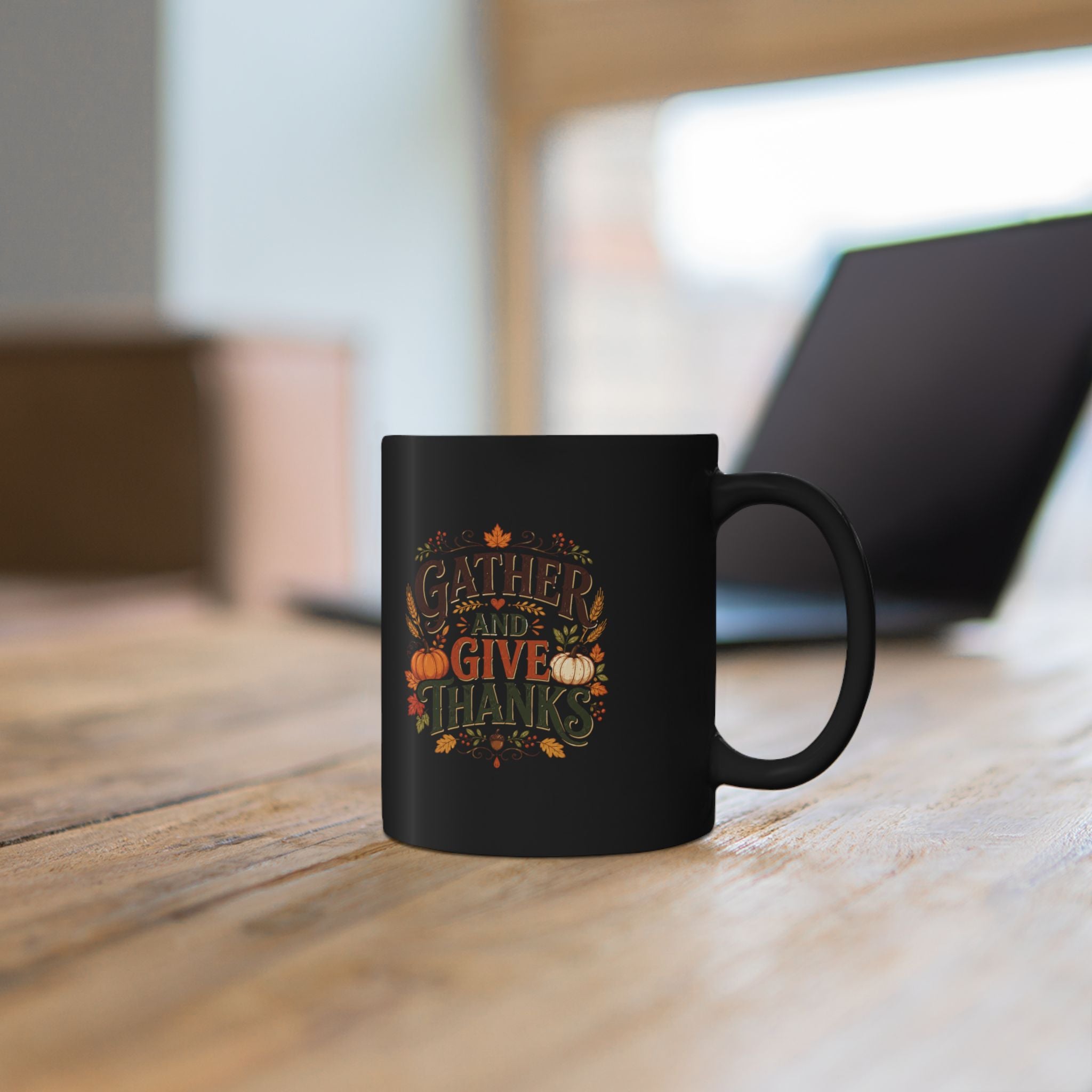 Thanksgiving Black Mug Gather and Give Thanks Mug — Thanksgiving Black Coffee Cup