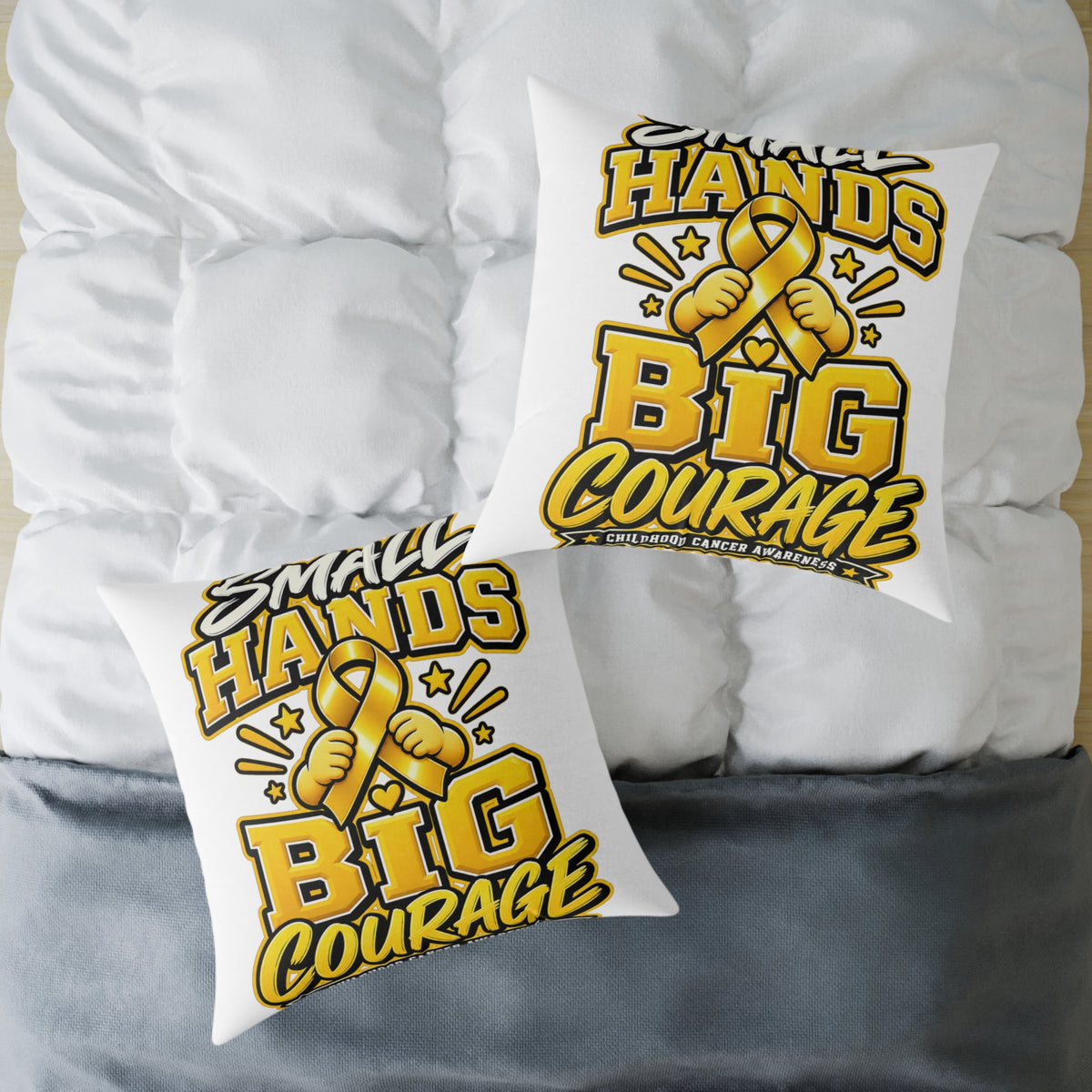 Square Pillow — "Small Hands Big Courage" Gold Ribbon Awareness Throw Pillow