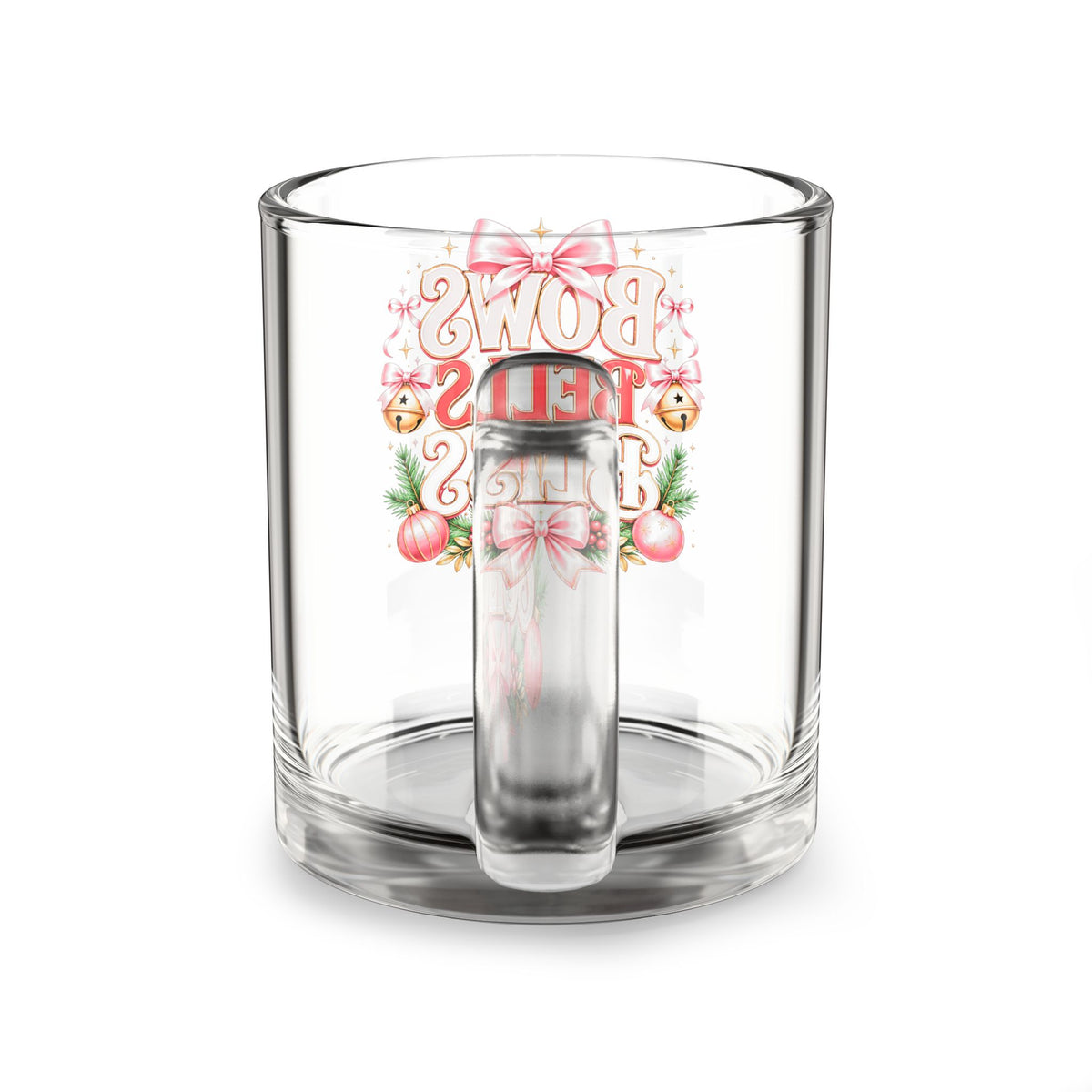 Christmas Glass Mug 10 oz Glass Mug — "Bows Bells Bless" Christmas Glass Coffee Mug, Festive Pink Ornament Design