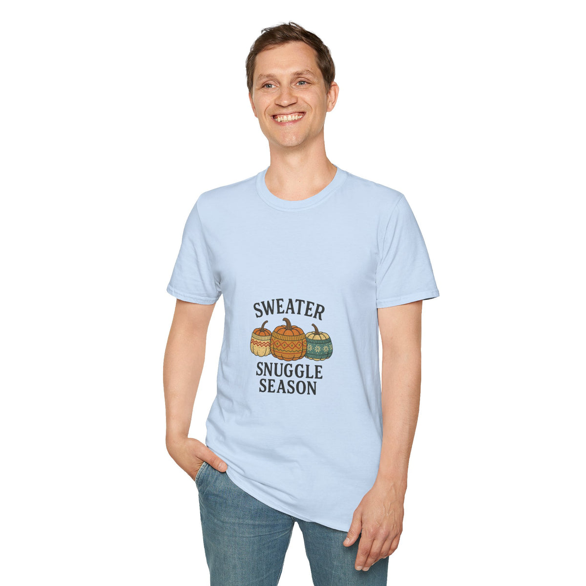 T-Shirt — "Sweater Snuggle Season" Autumn Pumpkin Sweater Graphic - Trending Now - October 2026