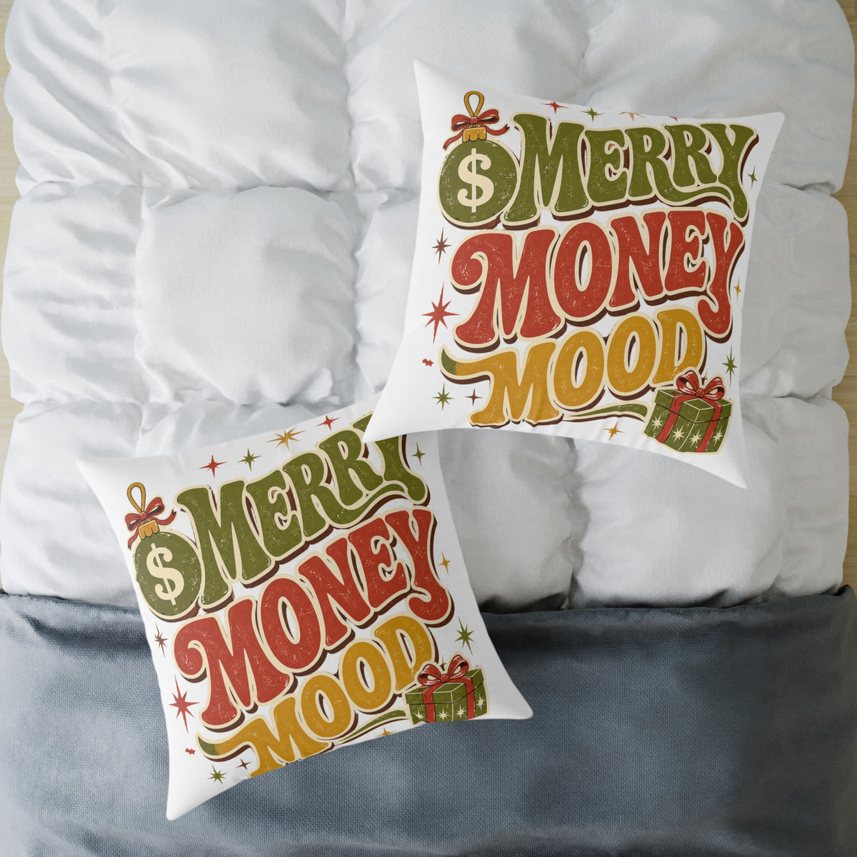 Modern Day Christmas Merry Money Mood Pillow — Festive Retro Holiday Throw Pillow
