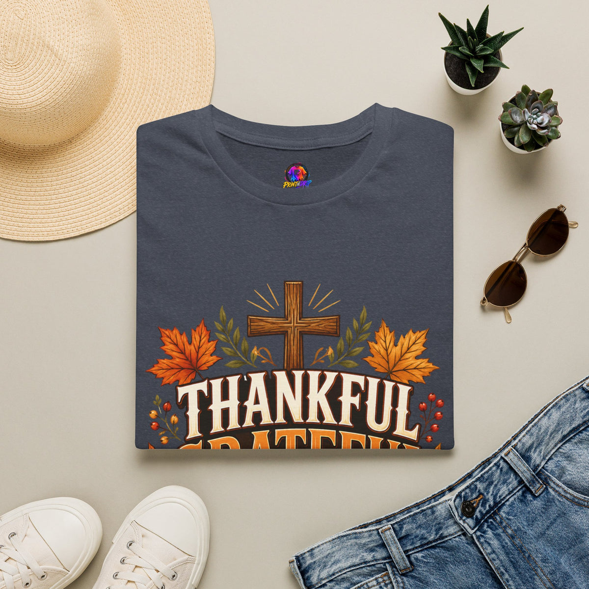 Thanksgiving T-Shirt Thankful Grateful Blessed T-Shirt — Fall Thanksgiving Christian Tee