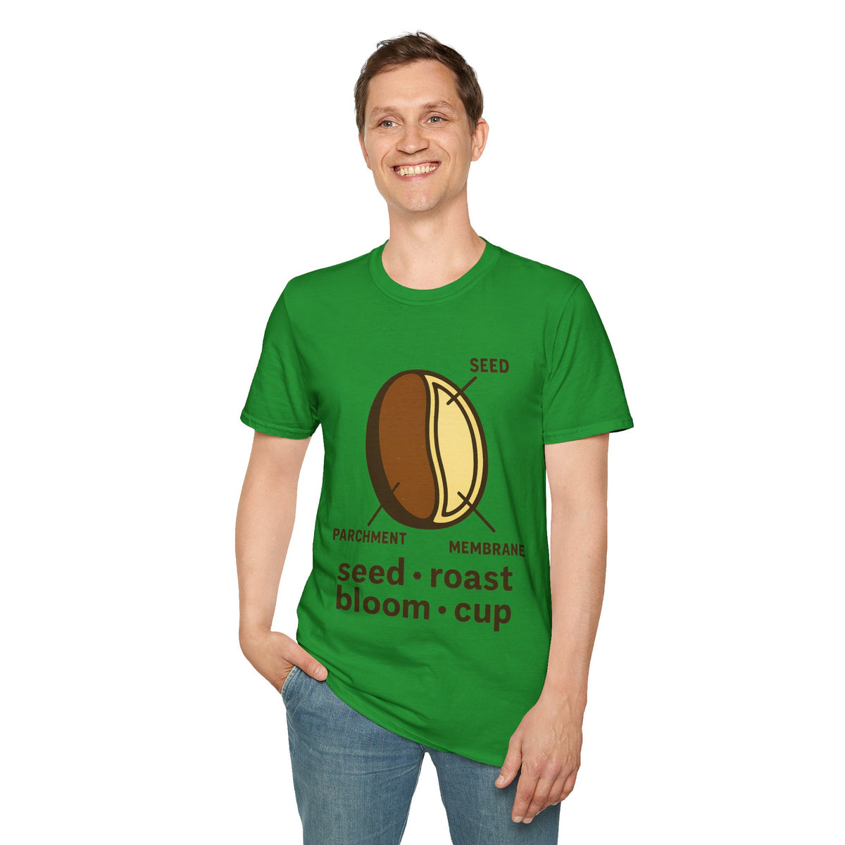 "Seed Roast Bloom Cup" Coffee Bean Graphic Tee - Minimalist Barista Aesthetic White T-Shirt - Trending Now - September 2026