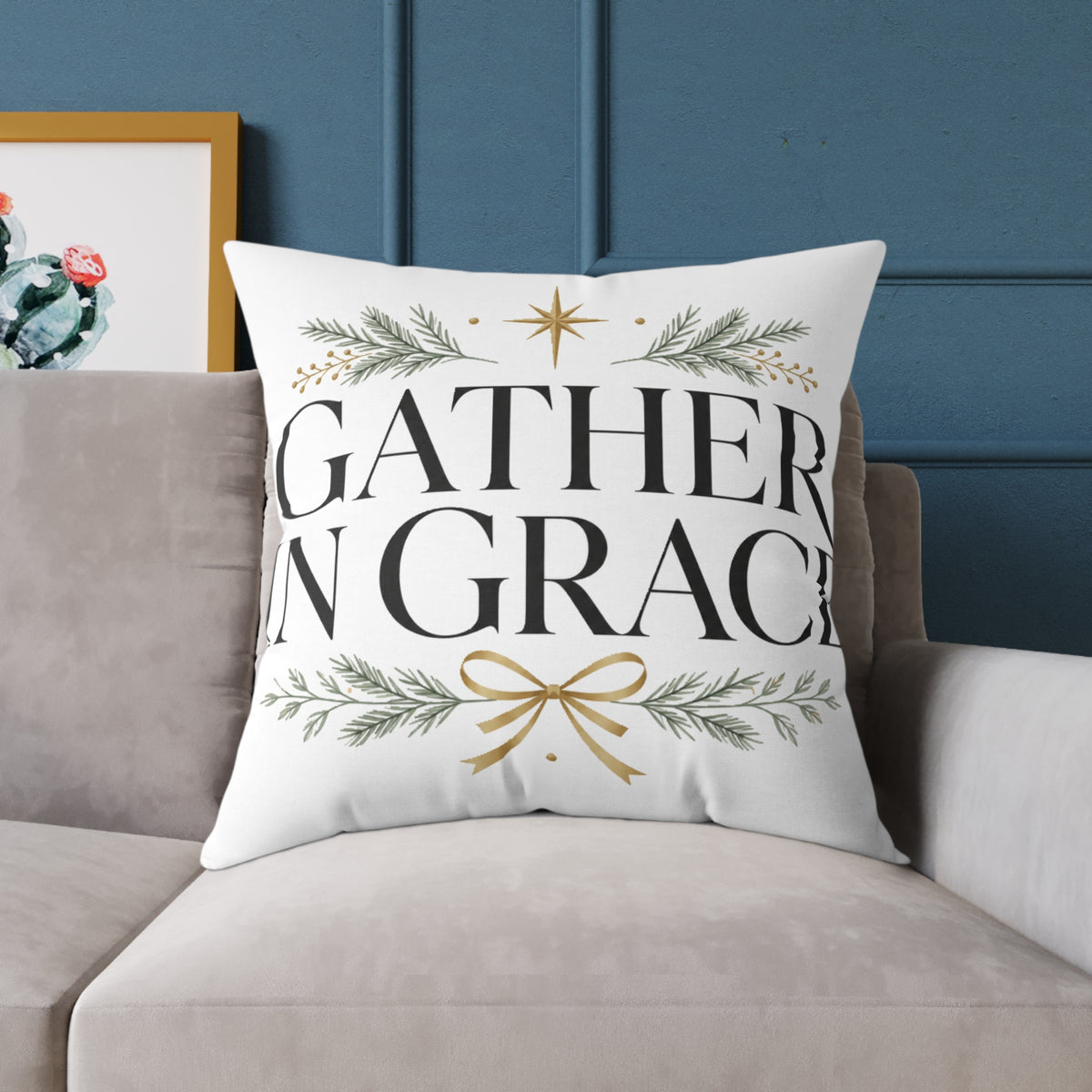 Christmas Gather in Grace Holiday Pillow - Square Poly Canvas Throw Pillow