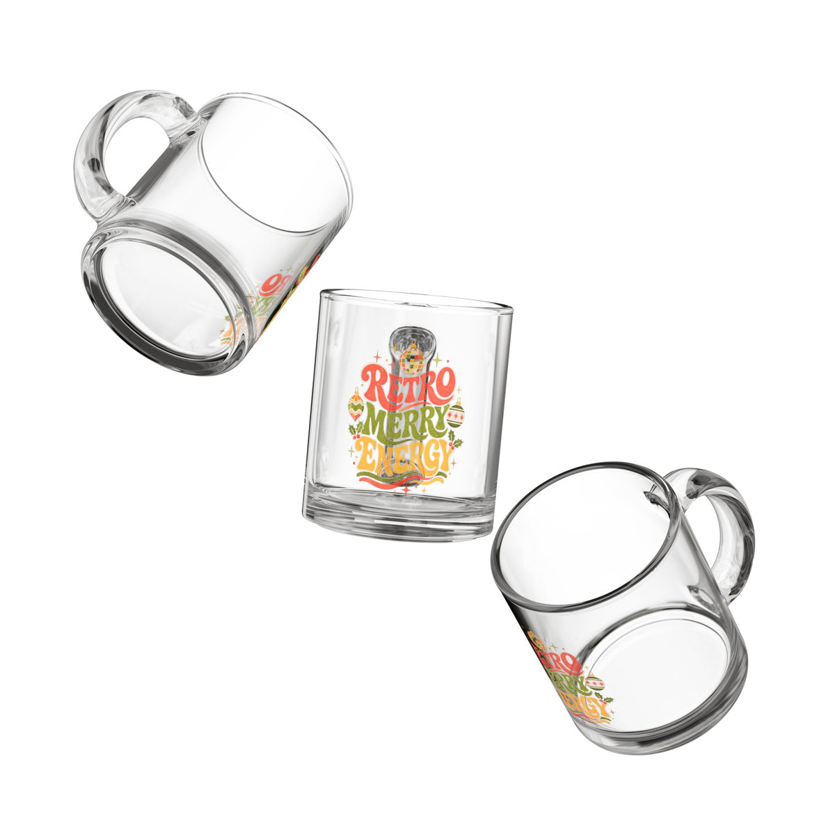 Modern Day Christmas Glass Mug  10oz Glass Mug — “Retro Merry Energy” Holiday Glass Coffee Mug (10 oz)