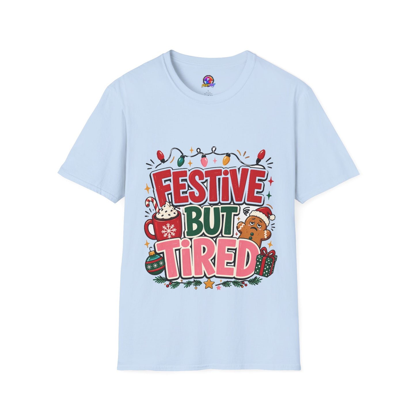 Festive But Tired T-Shirt — Holiday Christmas Crew Tee with Lights & Gingerbread