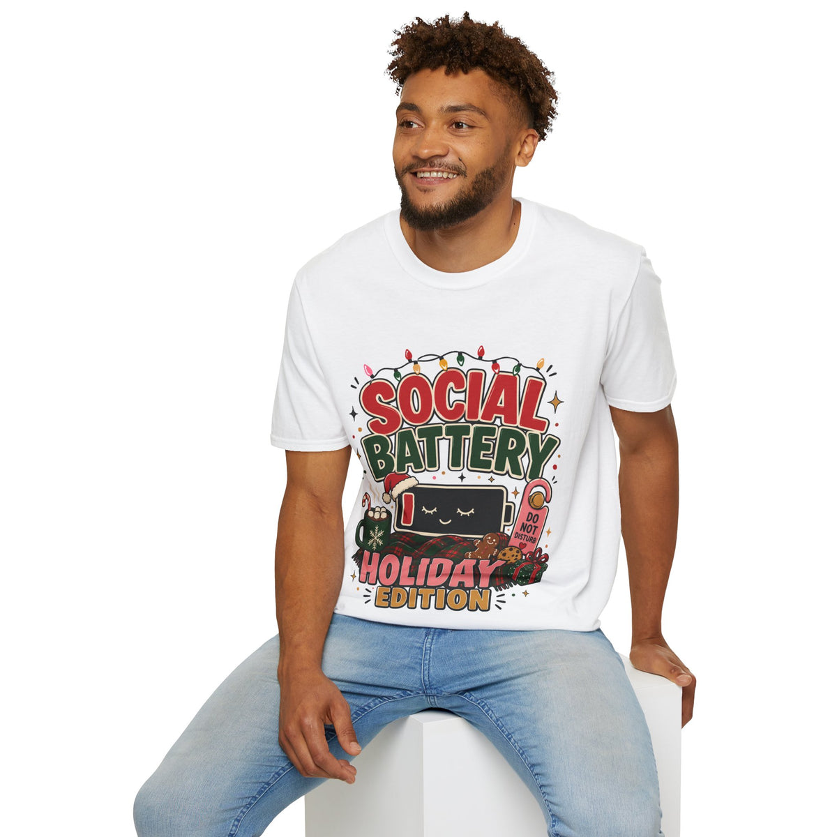 Social Battery Holiday T‑Shirt — Funny Christmas Recharge Graphic Tee