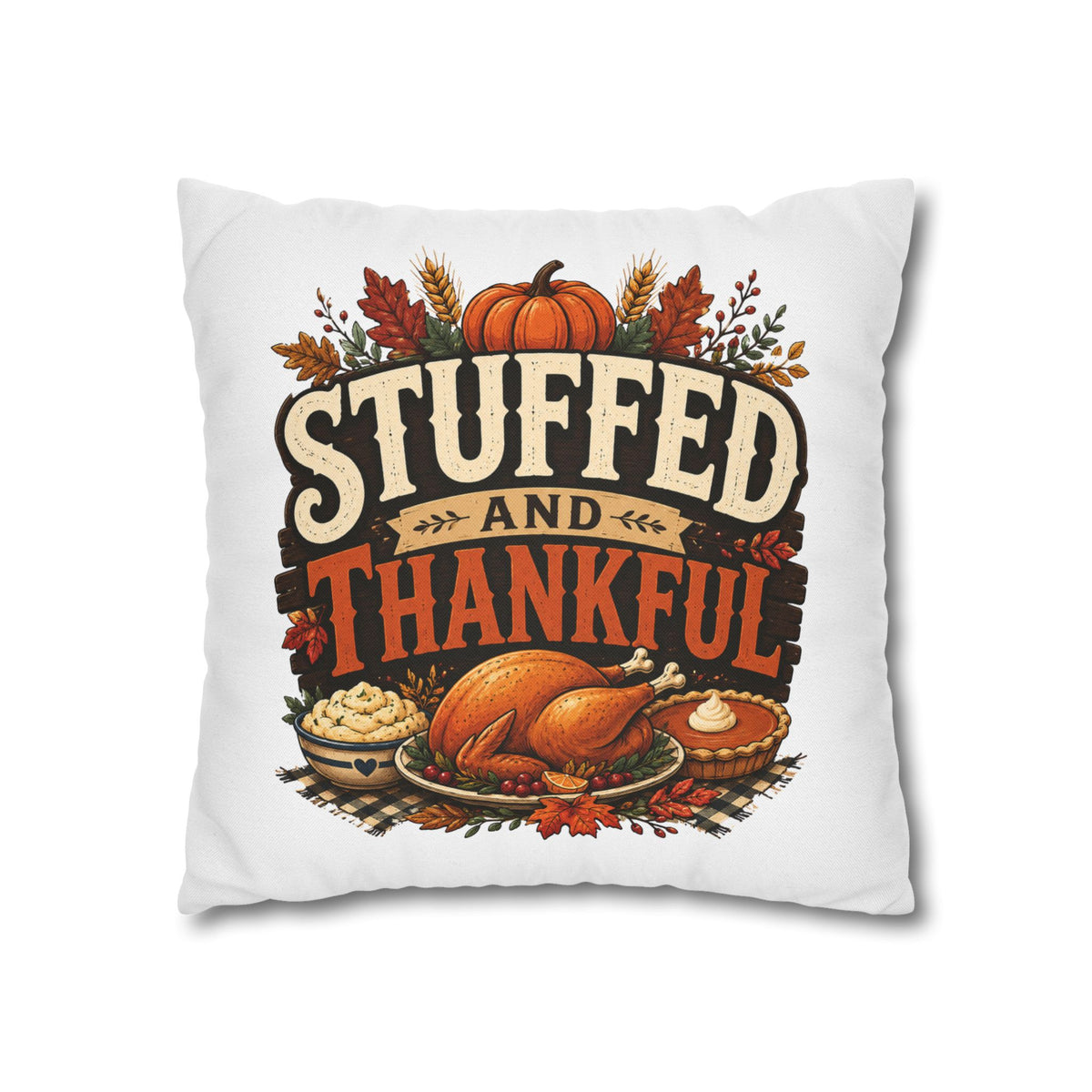 Thanksgiving Decorative Pillowcase – “Stuffed and Thankful” Autumn Throw Pillowcase
