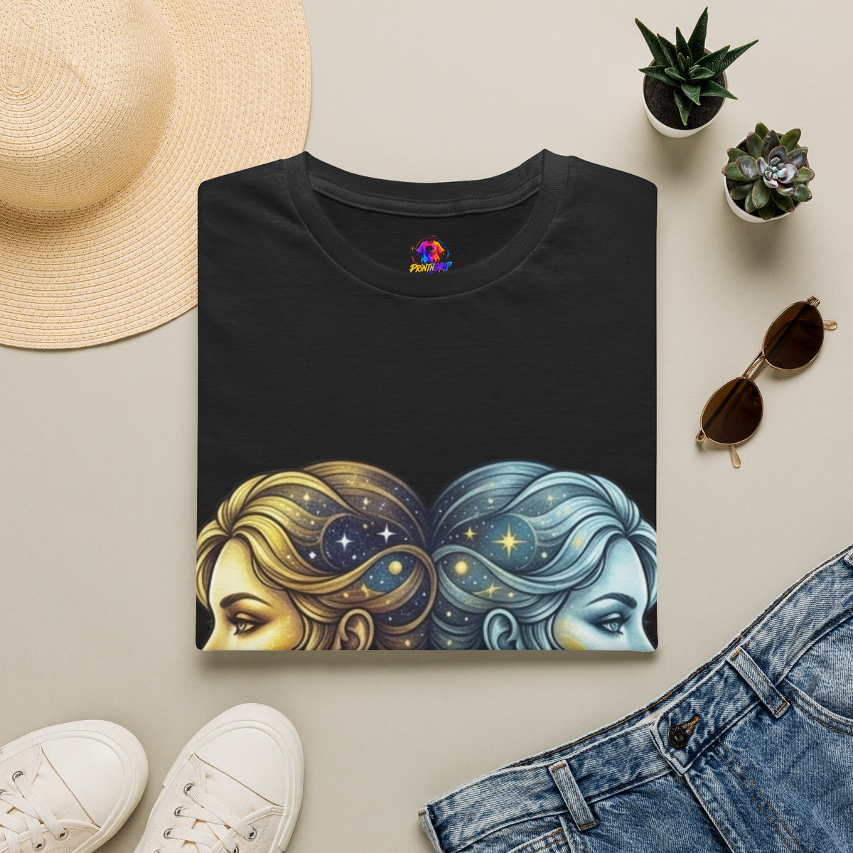 Zodiac Gemini Sun & Moon T-Shirt — Dual Faces Cosmic Design