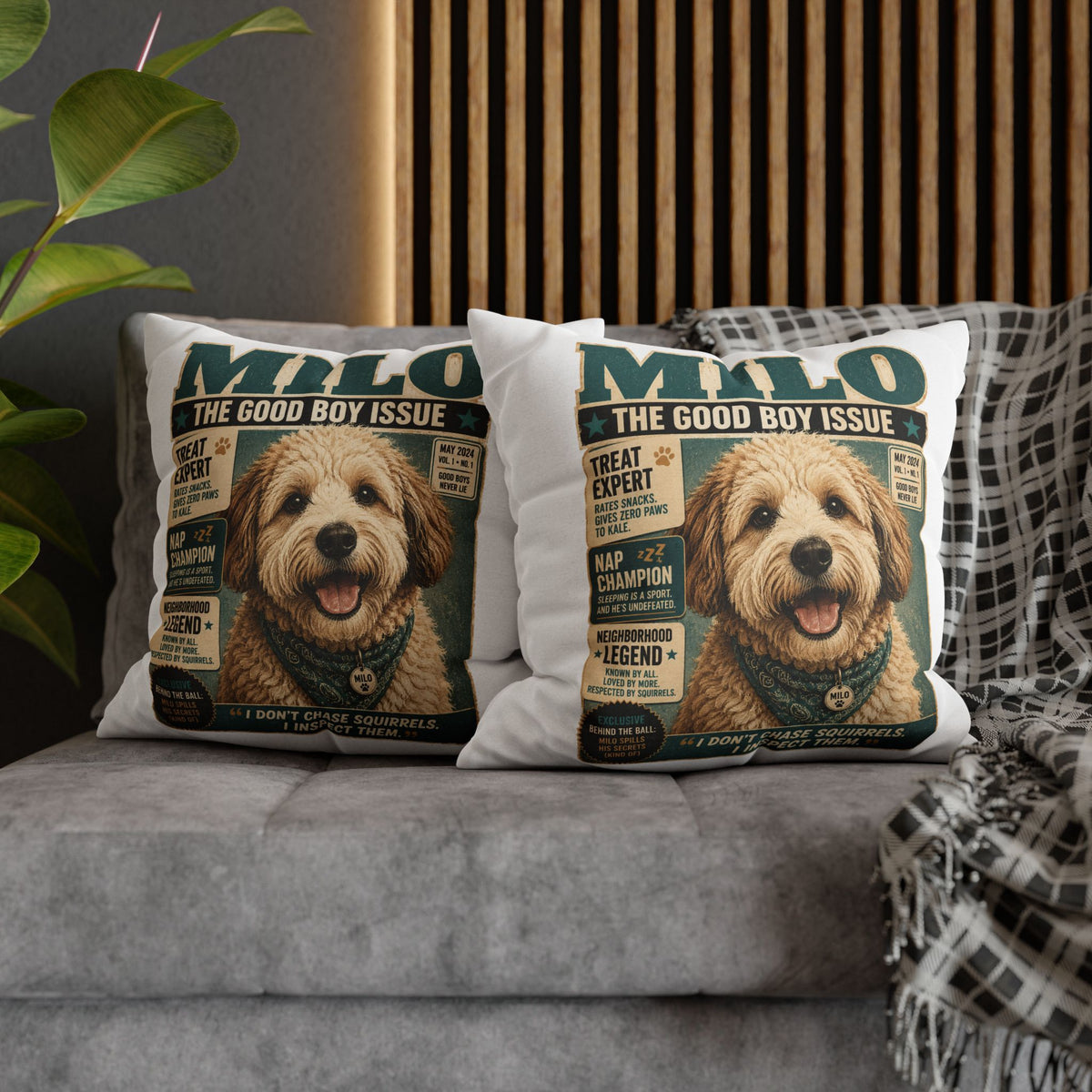 Dog Magazine Cover Pillowcase Milo Bailey Dog Dad Mom– "Milo: The Good Boy Issue" Decorative Throw Pillow