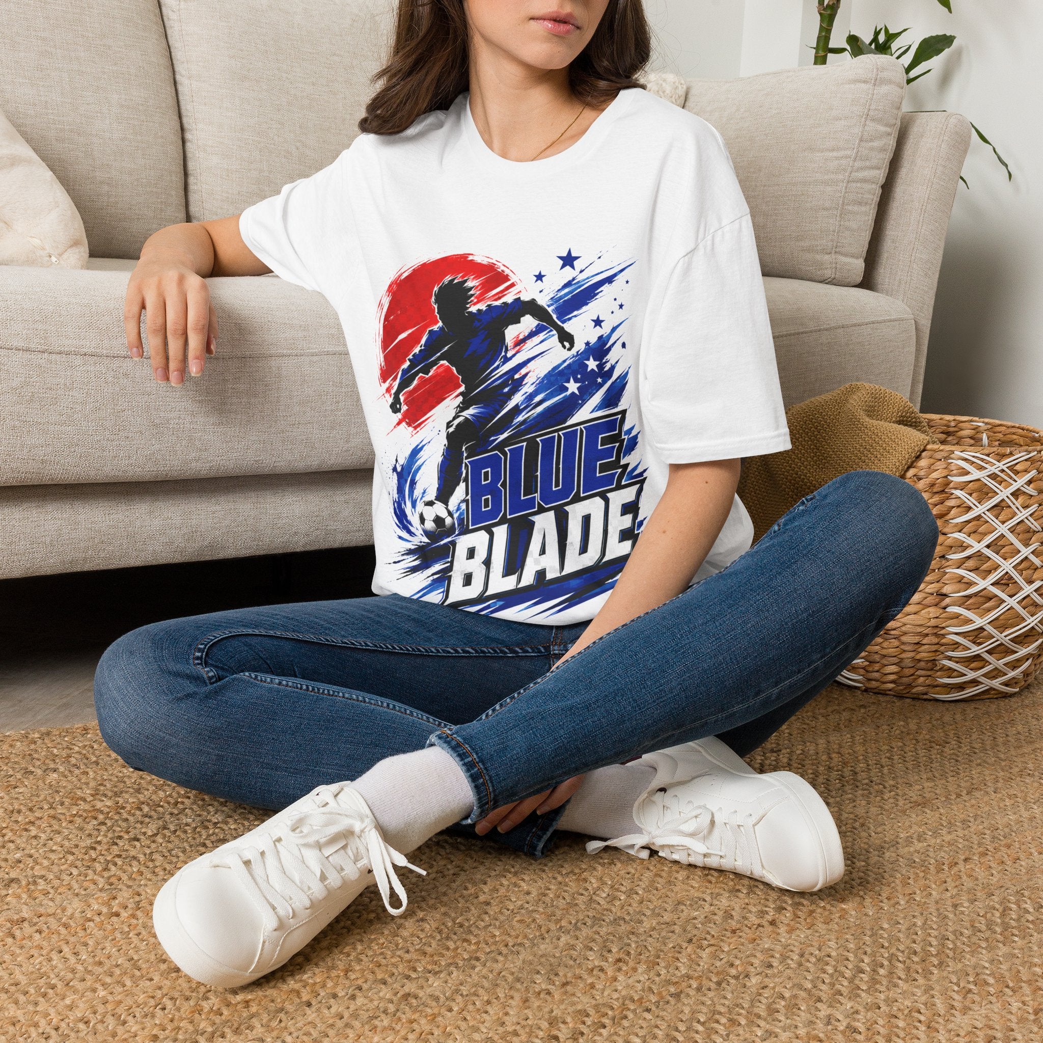 Japan T-Shirt — Blue Blade Soccer Graphic Tee (Red & Blue Starburst)