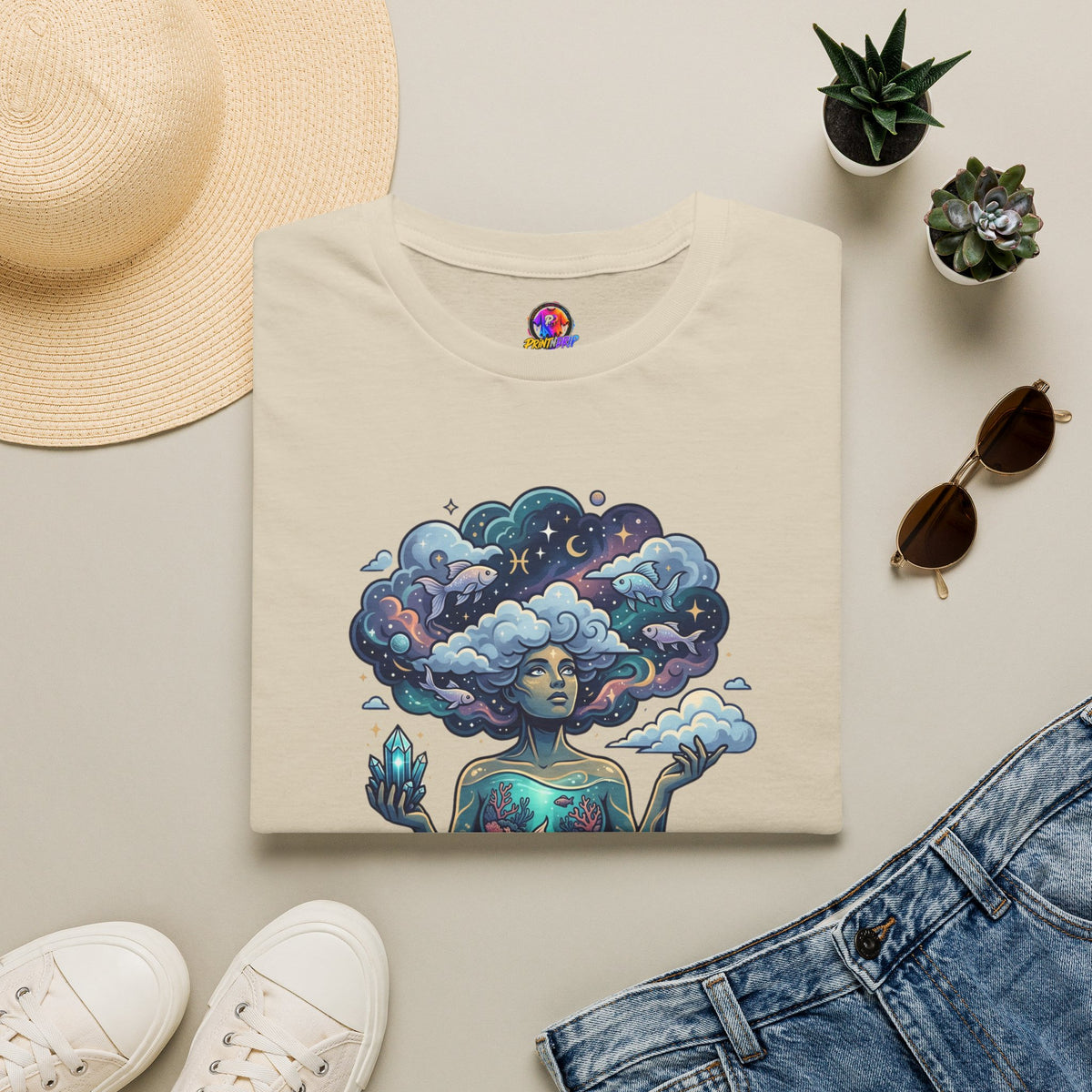 Pisces Zodiac in the Clouds T-Shirt — Dreamy Cosmic Woman Graphic Tee