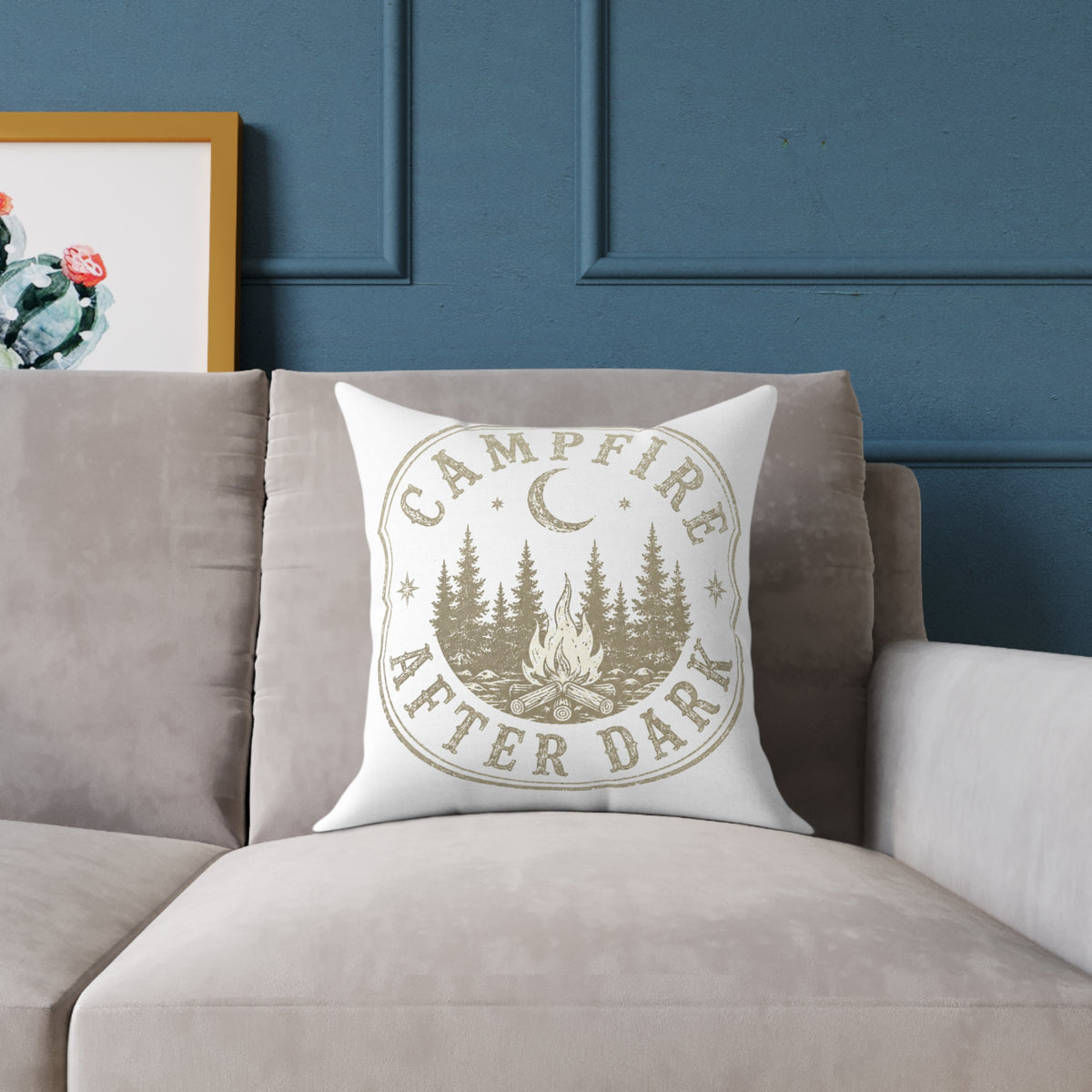 Campfire After Dark Square Throw Pillow Milo Bailey Dog Dad Mom— Rustic Outdoor Cabin Decor