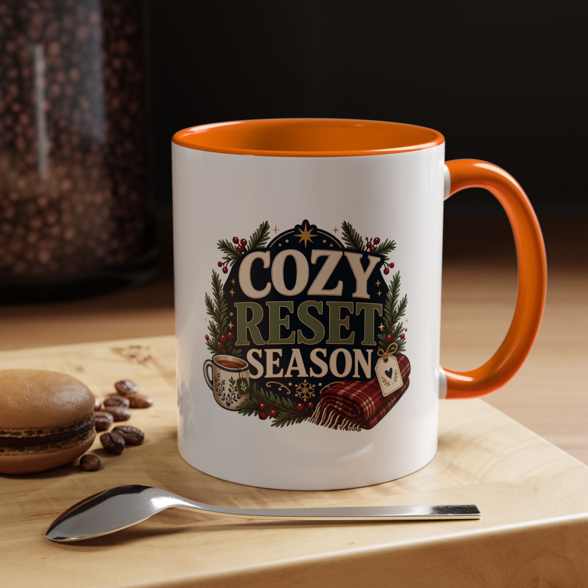 Modern Day Christmas Cozy Reset Season Mug — Holiday Coffee Cup with Blanket & Tea Tag Design