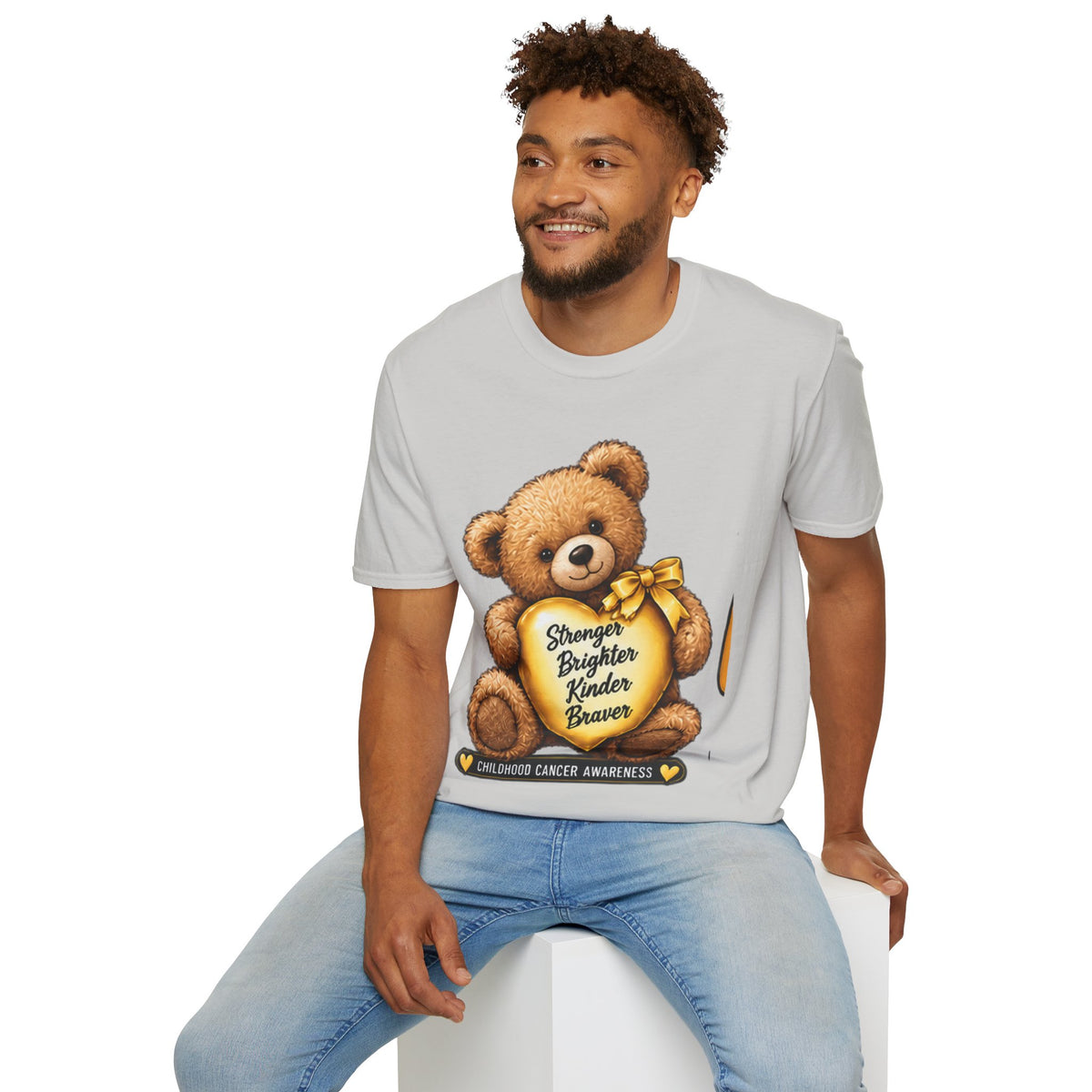 Childhood Cancer Awareness Teddy T-Shirt — "Stronger Brighter Kinder Braver"