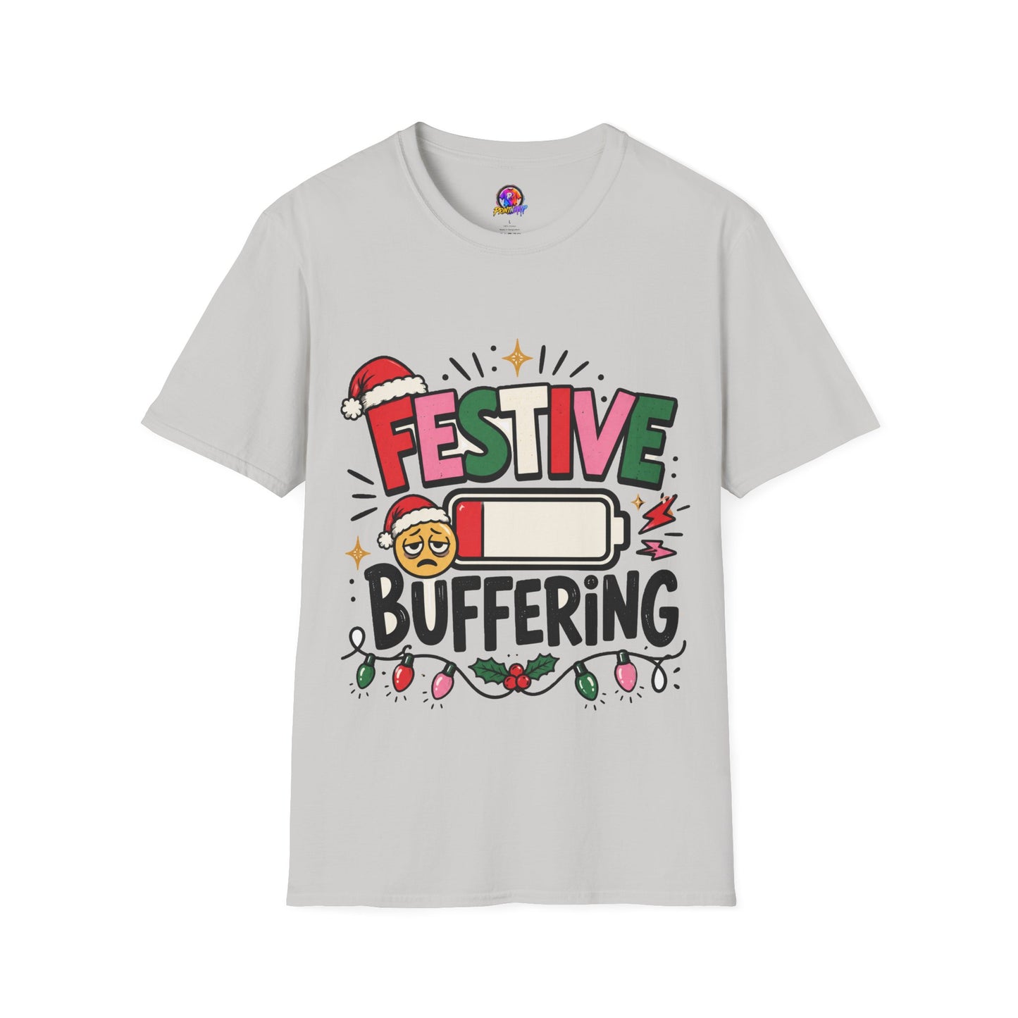 Festive Buffering T-Shirt — Funny Holiday Christmas Tee with Loading Battery Design