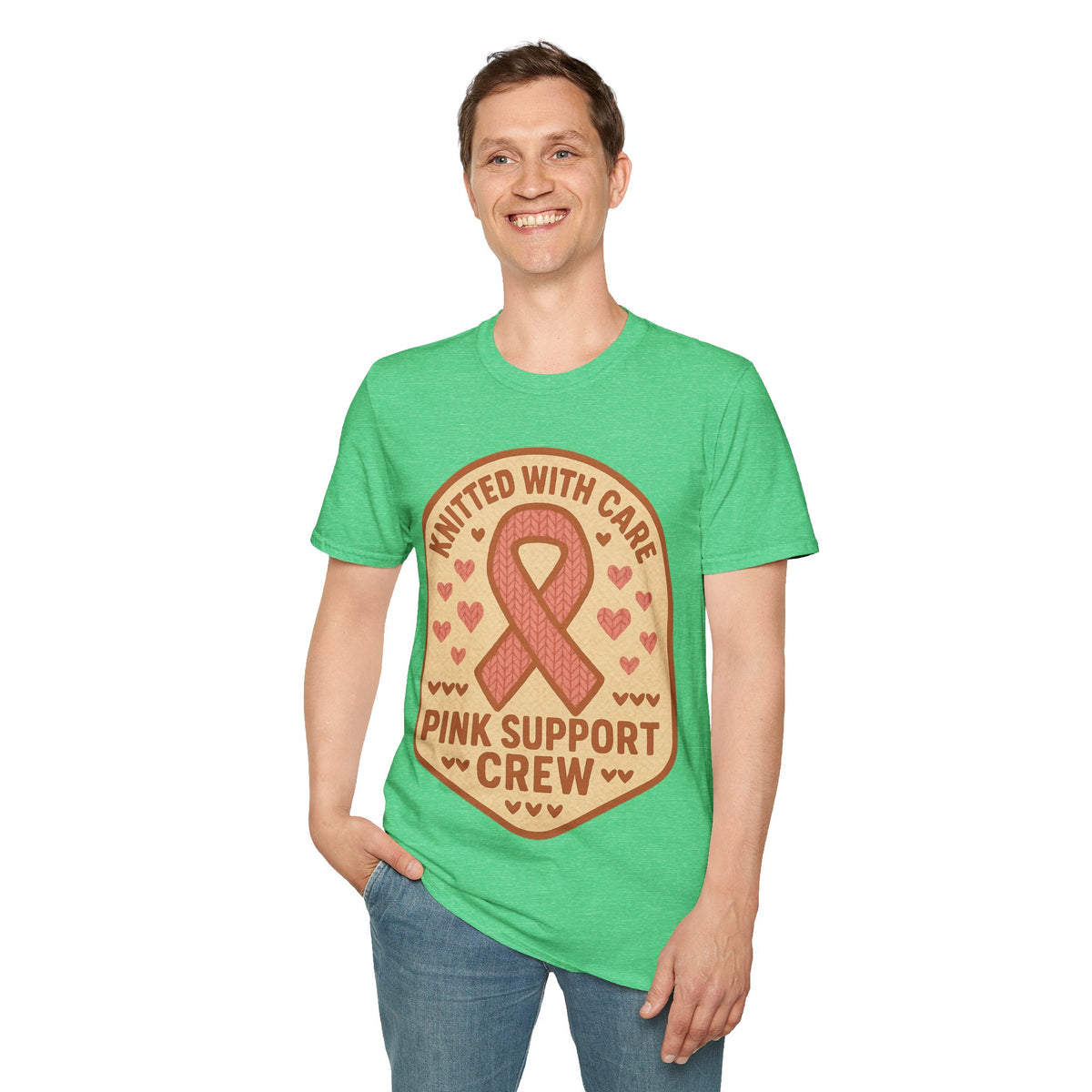 Pink Support Crew Knitted With Care Shield Badge T-Shirt, Breast Cancer Awareness Tee - Trending Now - September 2026